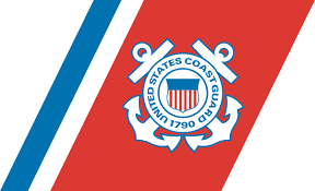 U.S. Coast Guard emblem on a background with red, white, and blue stripes.