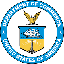 Seal of the Department of Commerce, United States of America, featuring an eagle, a ship, and a lighthouse.