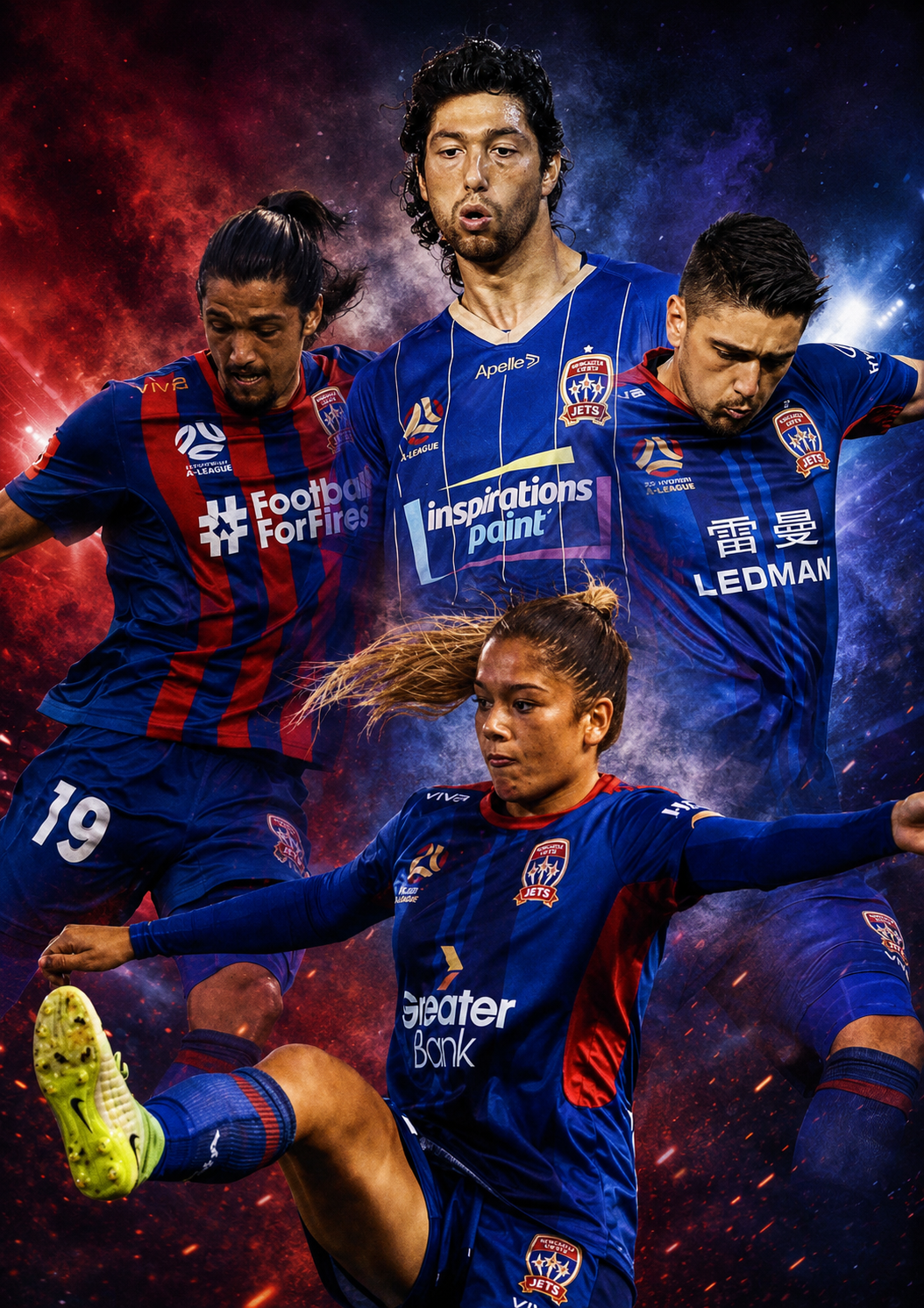 Group of four soccer players in blue and red uniforms with team logos, posing dynamically against a fiery red and blue cosmic background.