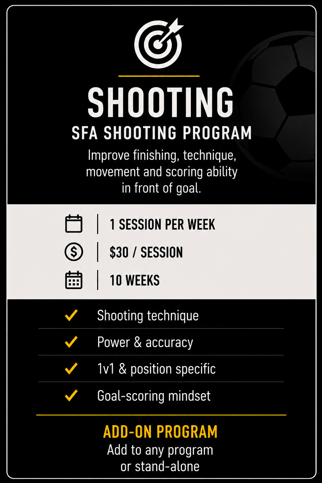 Information about a shooting training program for soccer players, including session details, goals, and add-on options.