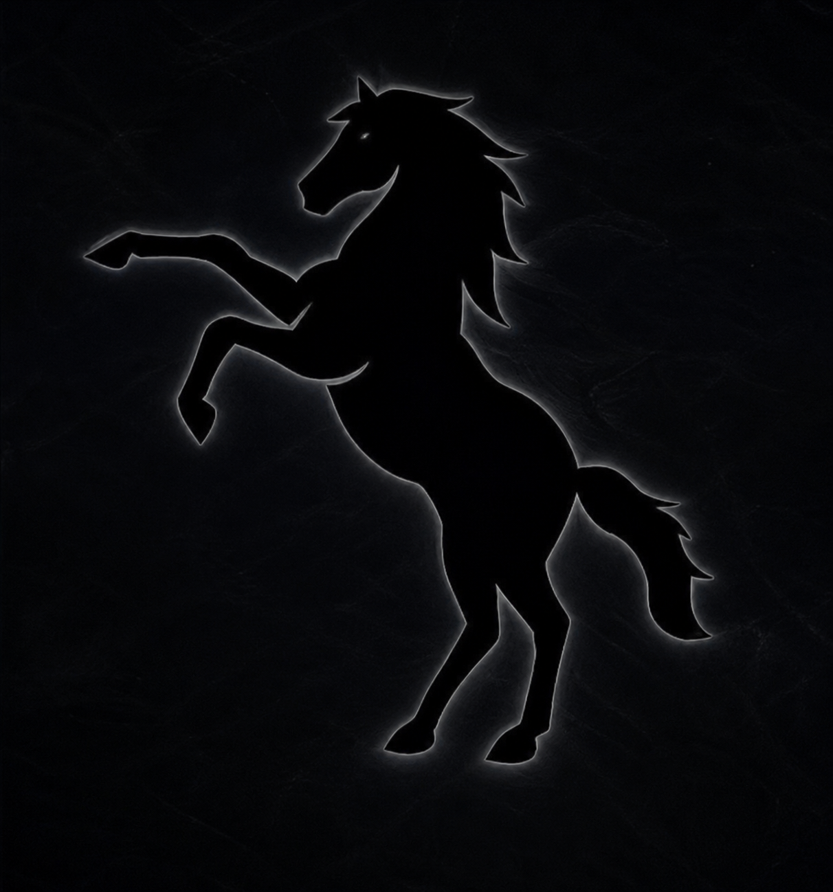 Silhouette of a rearing horse with a glowing outline on a dark background.