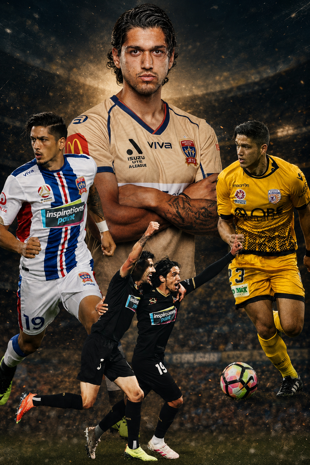 A collage of five soccer players, three in the foreground and two in the background, with a cosmic background behind the central player