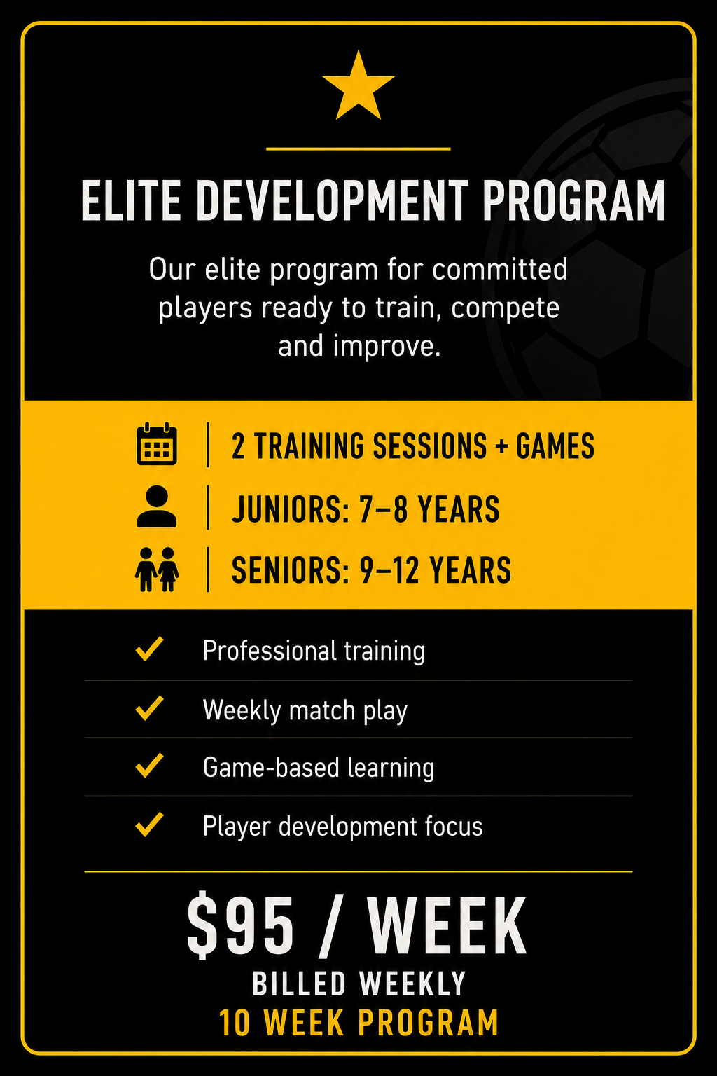 Infographic for an elite football development program featuring a black background with yellow and white text, including icons for training sessions, juniors, seniors, and a football, with details on training, match play, and cost.