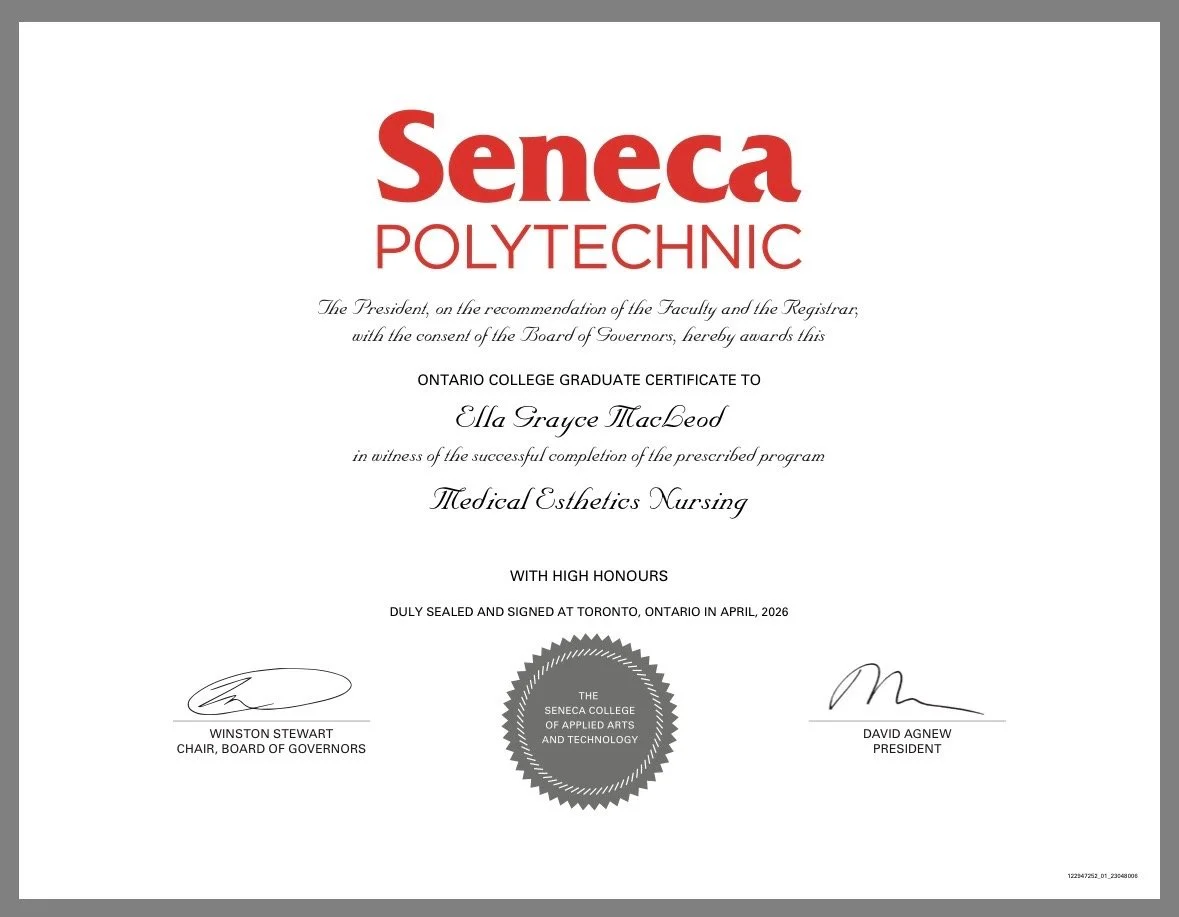 Seneca Polytechnic graduation certificate awarded to Ella Grayce MacLeod for Medical Esthetics Nursing in April 2026, signed by Winston Stewart and David Agnew.