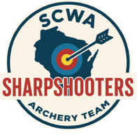 Logo of SCWA Sharpshooters Archery Team featuring an outline of the United States, a target with an arrow hitting the bullseye, and the team name.
