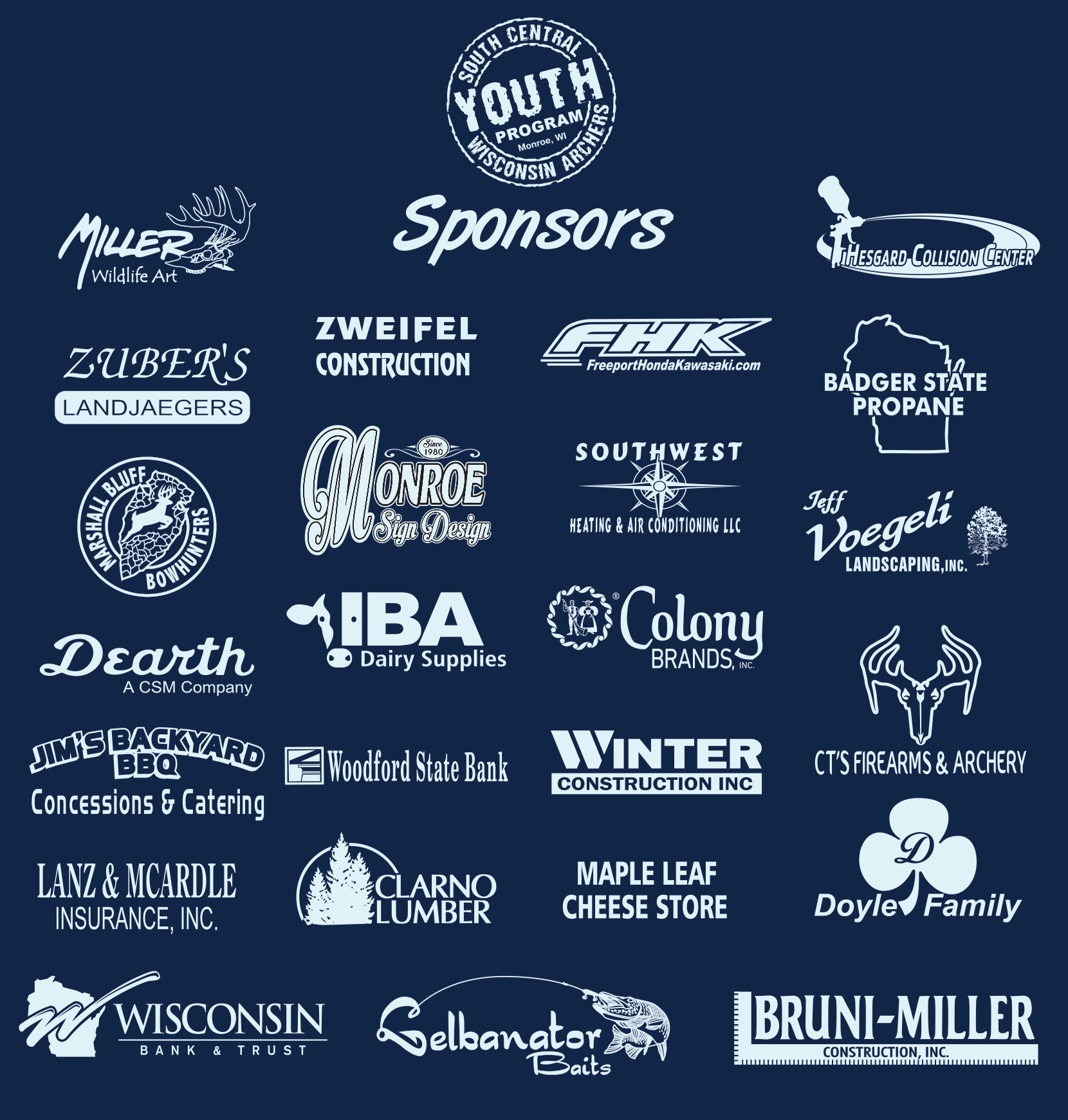 A collection of logos for various companies and organizations, including wildlife art, construction, landscaping, hardware, insurance, lumber, firearms, and archery, arranged on a dark background.