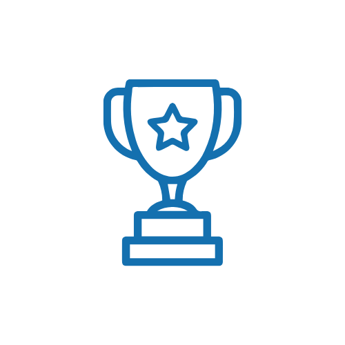 Simple blue line drawing of a trophy cup with a star in the center on a white background.
