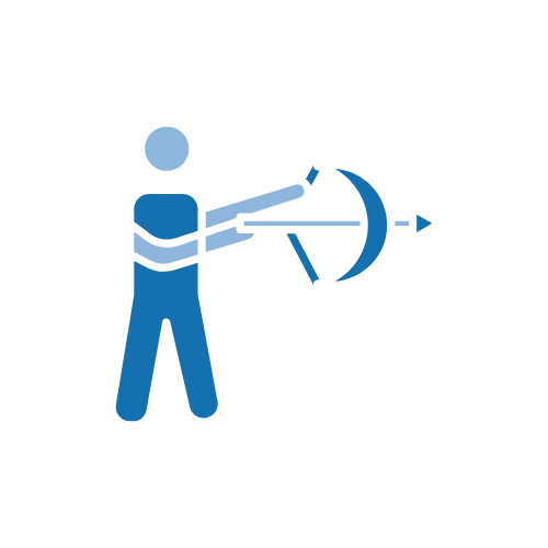 Illustration of a person holding a bow and arrow, aiming forward, with a curved line and arrow indicating action or movement.