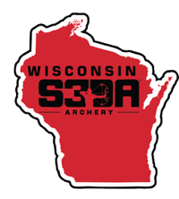 Red outline of the state of Wisconsin with black text overlay that says "S3A Archery".