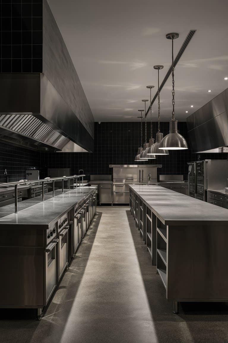 Empty stainless steel commercial kitchen with black tiled walls, pendant lights, and a long central countertop.