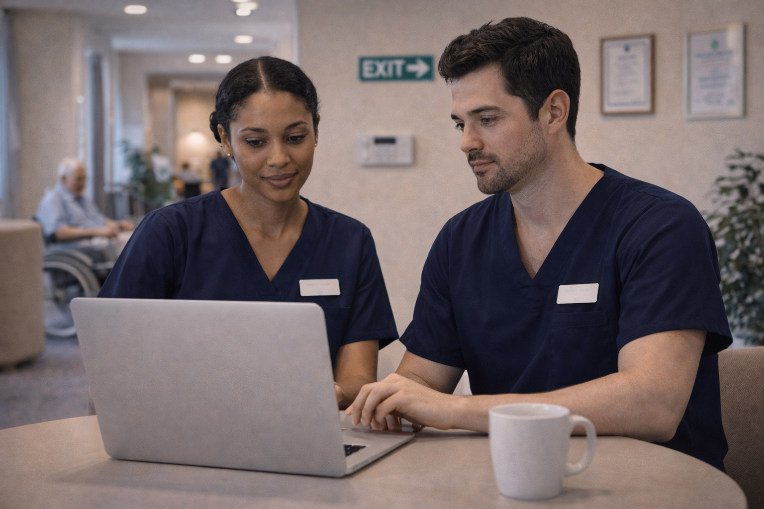 Two healthcare workers using MyFacility system for shift and workforce management, a woman and a man, wearing navy blue scrubs, in a medical facility. In the background, an elderly person in a wheelchair is visible.