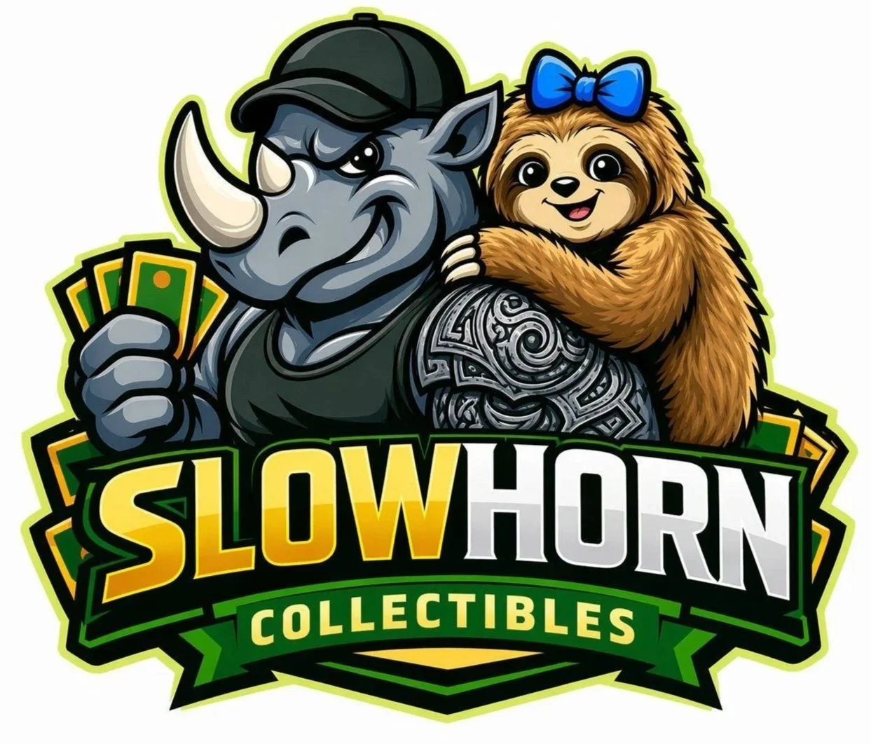 A cartoon rhinoceros with tattoos wearing a green cap, holding money, and a cute sloth with a blue bow hugging the rhino with the text "Slow Horn Collectibles" beneath them.