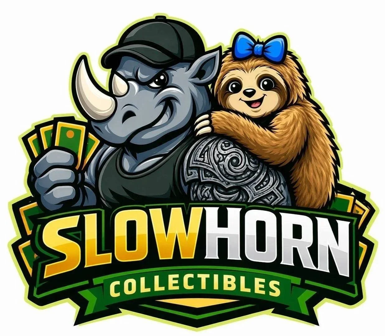 A cartoon rhinoceros wearing a black cap and showing a tattooed arm, holding four dollar bills, with a cheerful sloth with a blue bow on its head hugging the rhino from behind. Text reads 'SLOW HORN COLLECTIBLES'.