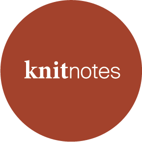 Red circular logo with the words 'knit notes' in white text.