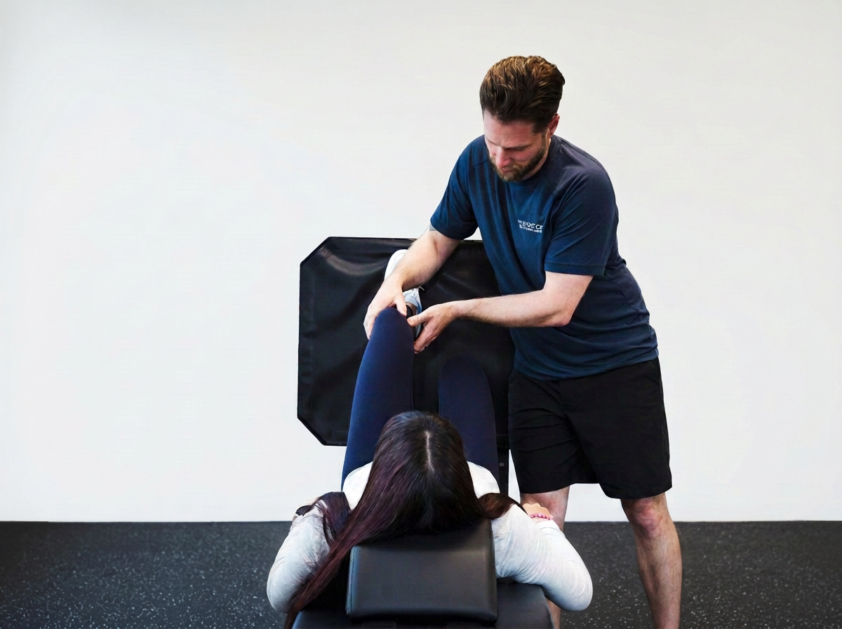 A man is assisting a woman with an exercise in a gym, using a padded black piece of equipment.
