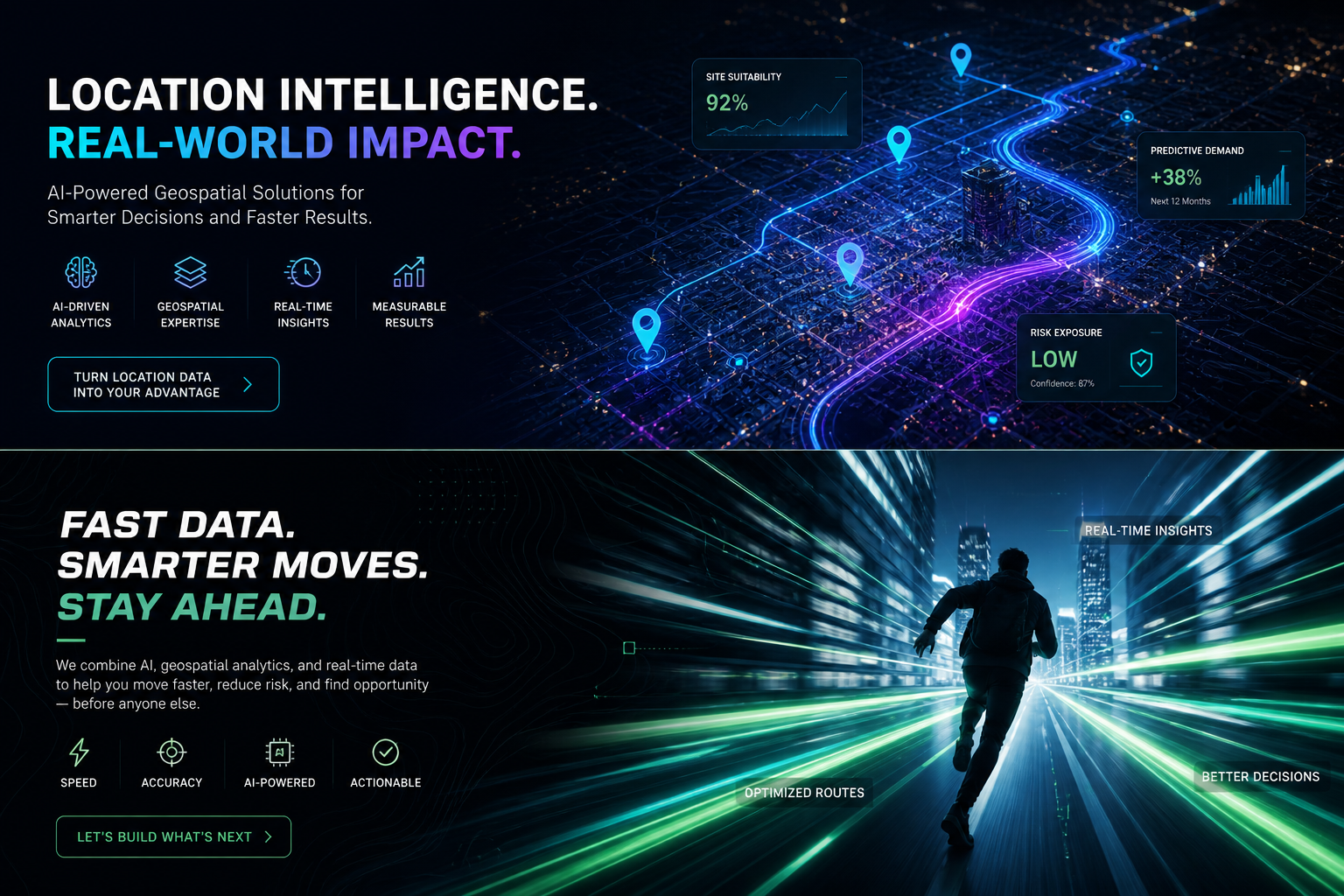 Graphic illustration promoting geospatial solutions showing a city map with glowing blue and pink route lines, location markers, and data metrics for site suitability, predictive demand, and risk exposure. A running figure at night symbolizes real-time insights and fast data.