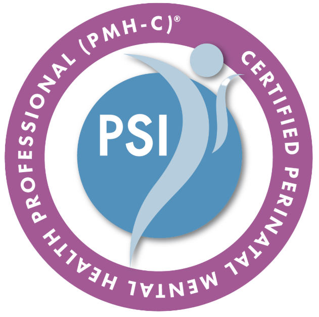 PSI certification logo with a purple circular border and a stylized human figure reaching upwards, on a blue and white background. The text says Certified Perinatal Mental Health Professional (PMH-C)