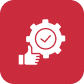 A white checkmark inside a circle within a gear icon on a red background, symbolizing settings or system checks