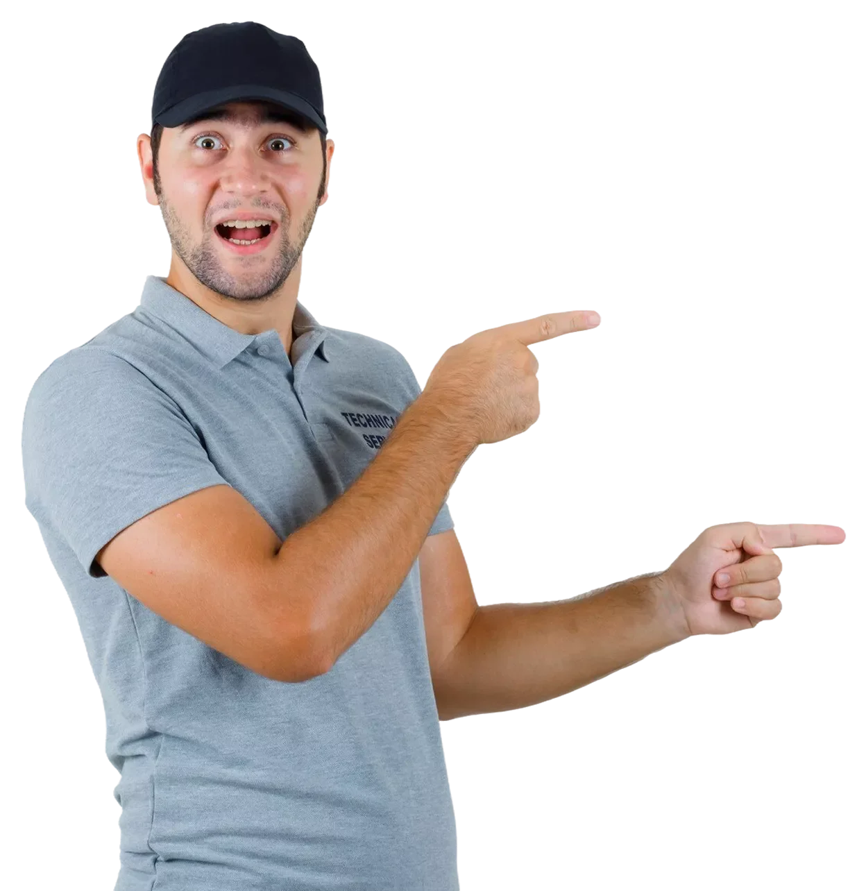A man wearing a gray polo shirt and a black cap, smiling and pointing to his right, depicted against a transparent background.