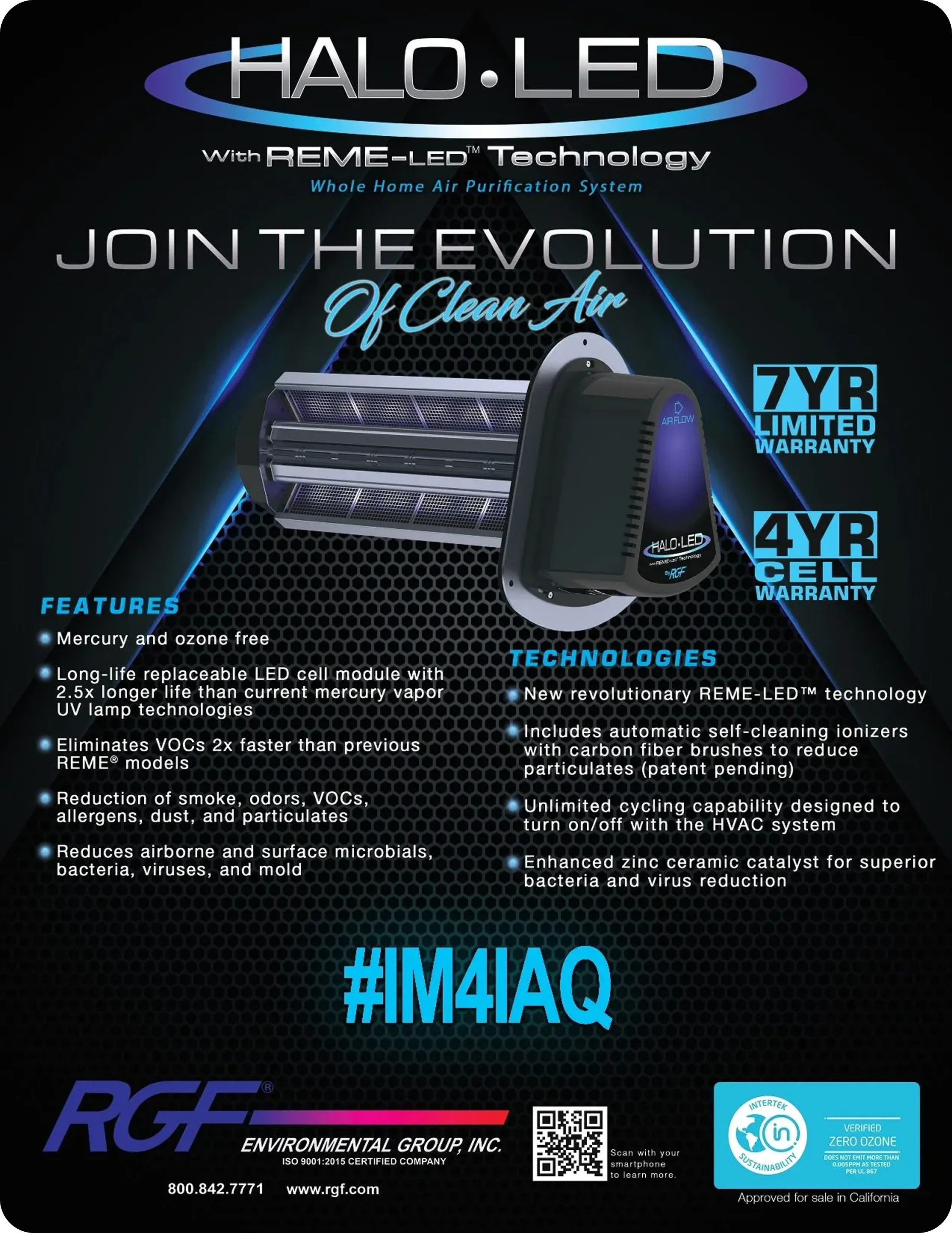 An advertisement for Halo-LED air purification system with REME-LED technology. The system features mercury and ozone-free operation, long-lasting LED modules, automatic self-cleaning ionizers, and zinc ceramic catalysts. It offers extensive warranties and incorporates eco-friendly features such as zero ozone certification and energy efficiency.