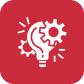Icon of a human head with a gear inside, symbolizing ideas or thinking, on a red background.