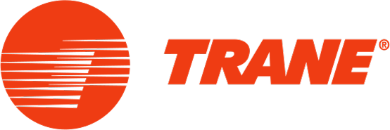 An orange circular logo with horizontal lines on the left, followed by the bold, uppercase word "TRANE" in orange.