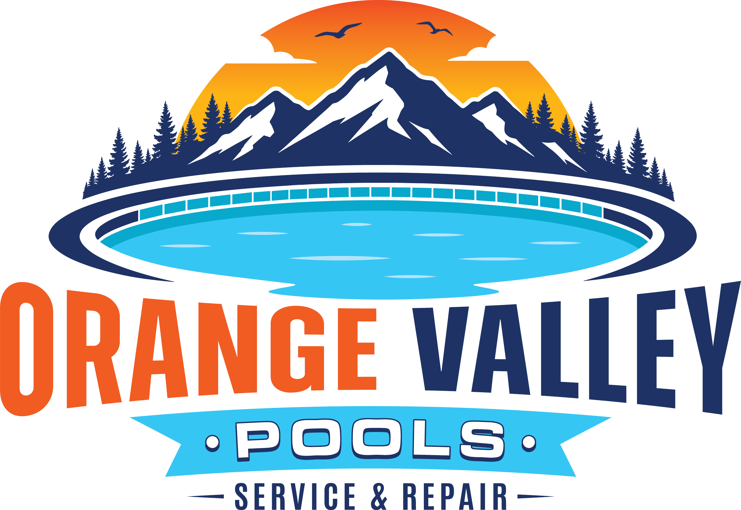 Logo of Orange Valley Pools featuring mountains, trees, a sunset, and a pool with the company name.
