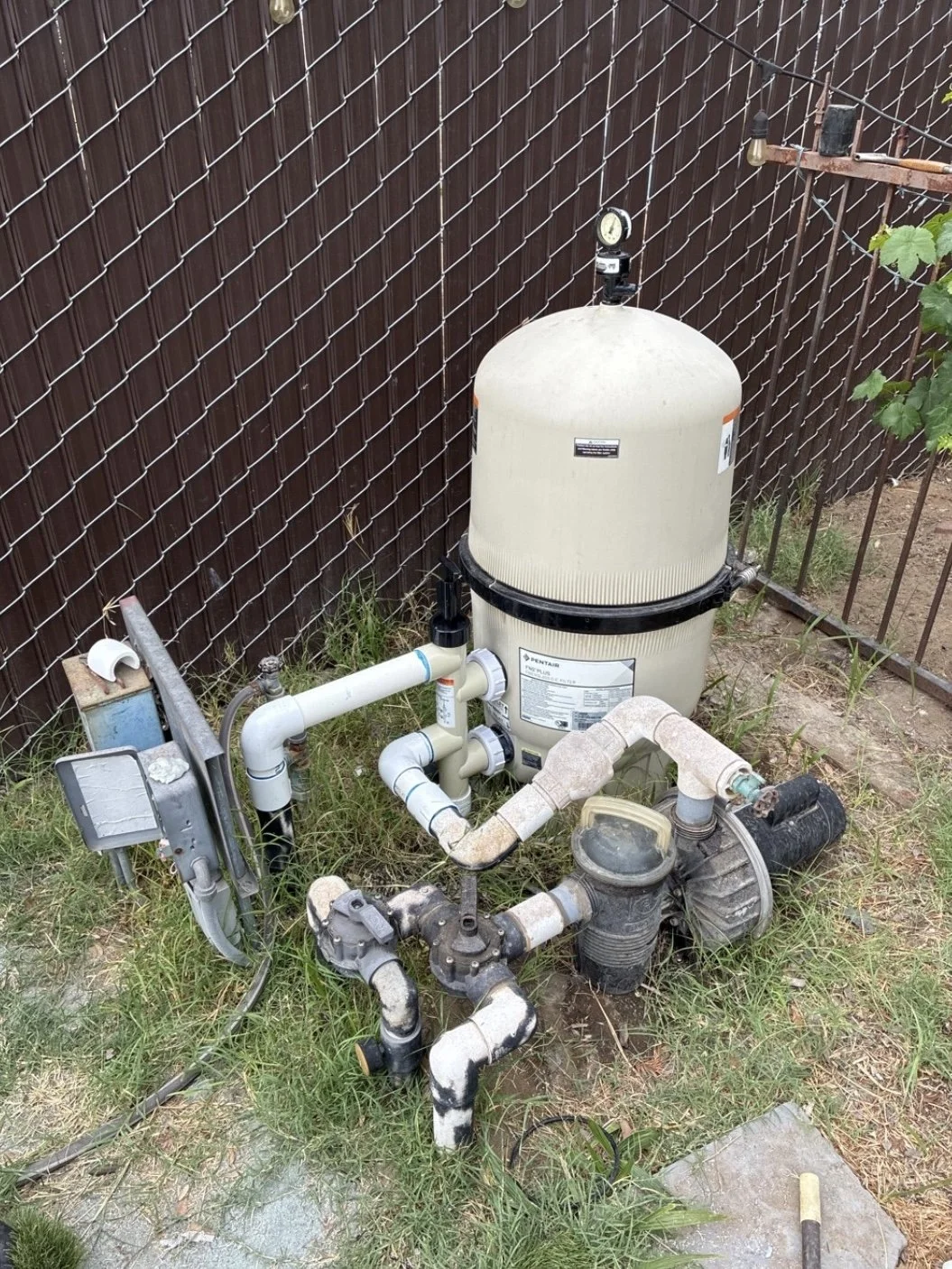 An above-ground pool pump and filtration system installed on grass near a brown wooden fence and metal fence, with an electrical box and some green plants nearby.