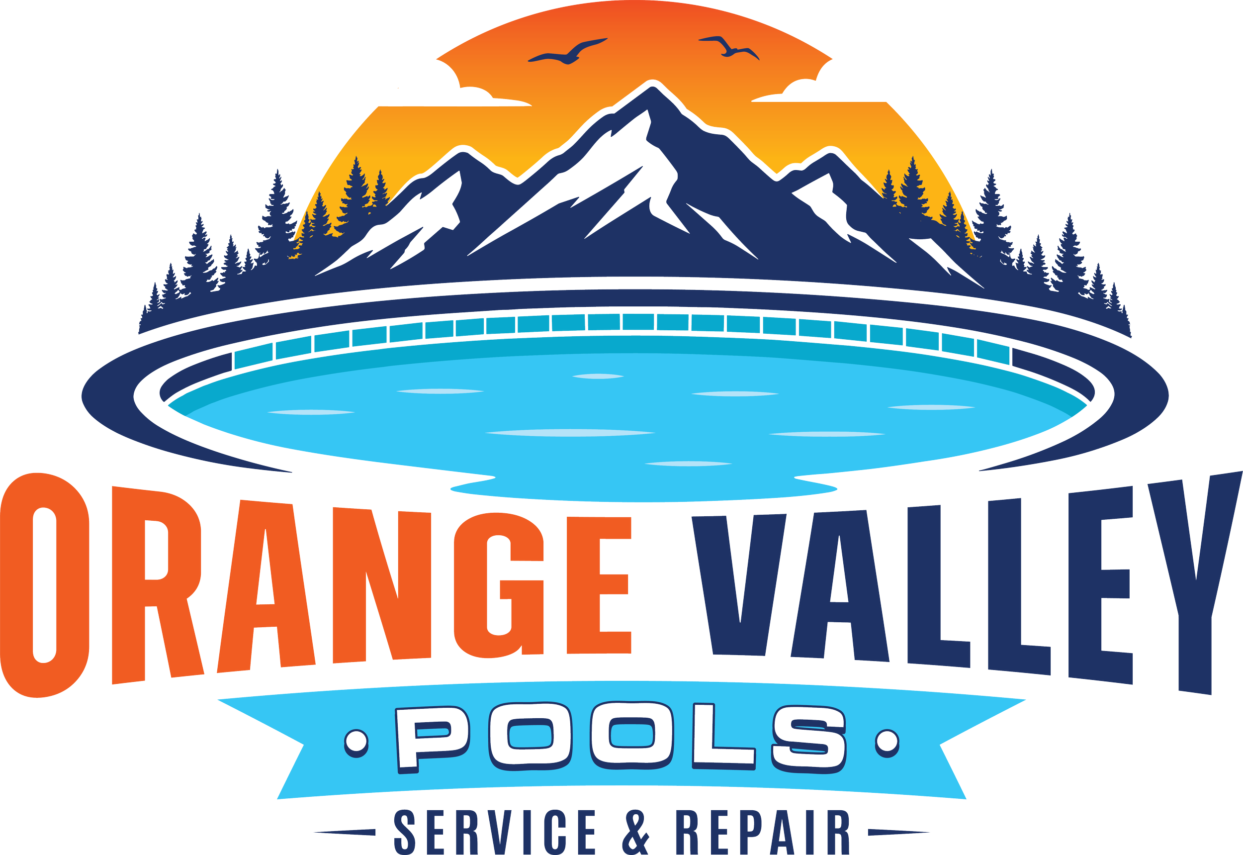 Logo of Orange Valley Pools featuring a mountain range, trees, a sunset with birds, a pool, and text indicating pool service and repair.