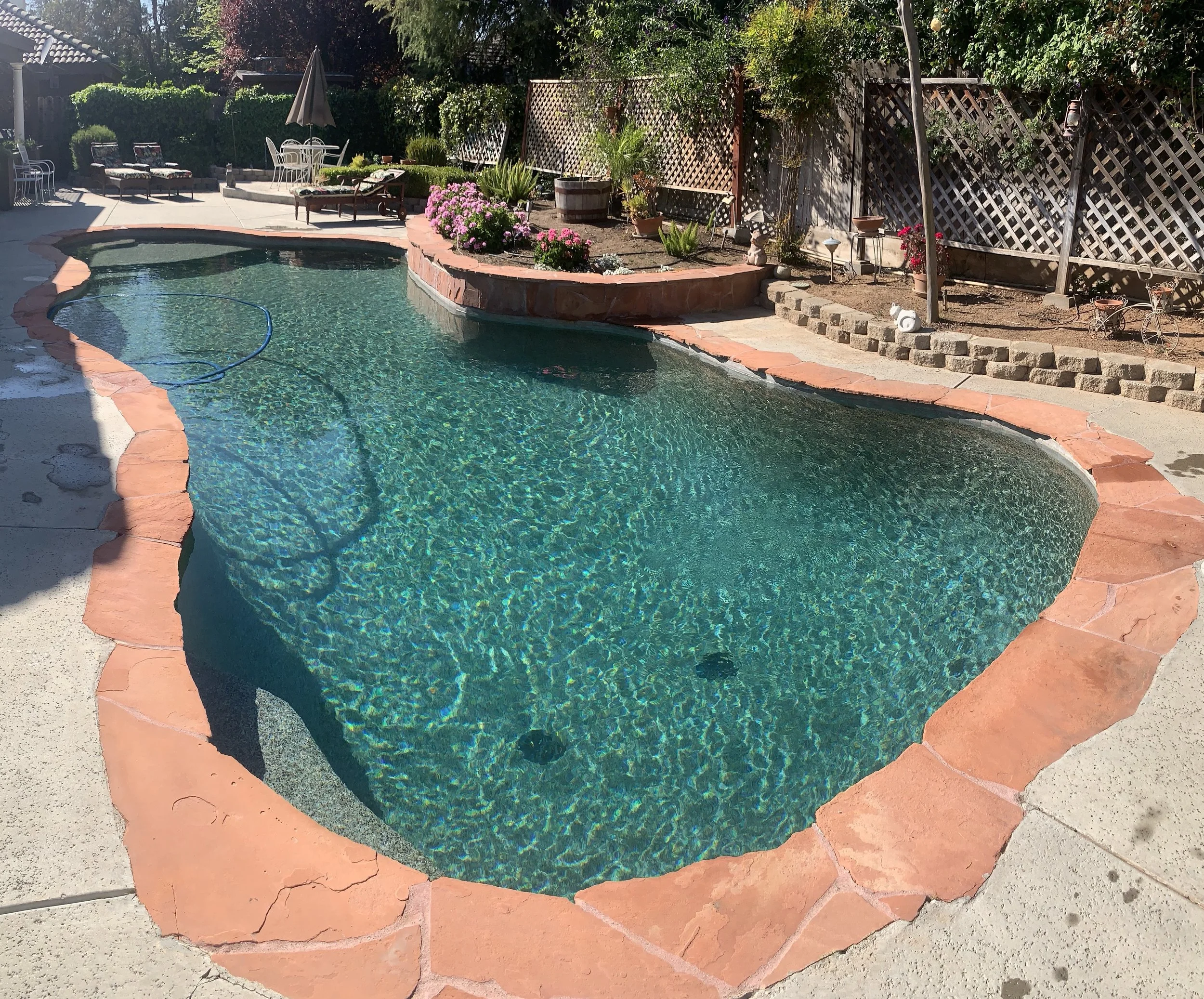 A backyard swimming pool with clear blue water, surrounded by a concrete deck with a pinkish-red tile border. There are lounge chairs, a small table with chairs, and potted plants, with a wooden fence and lush greenery in the background.