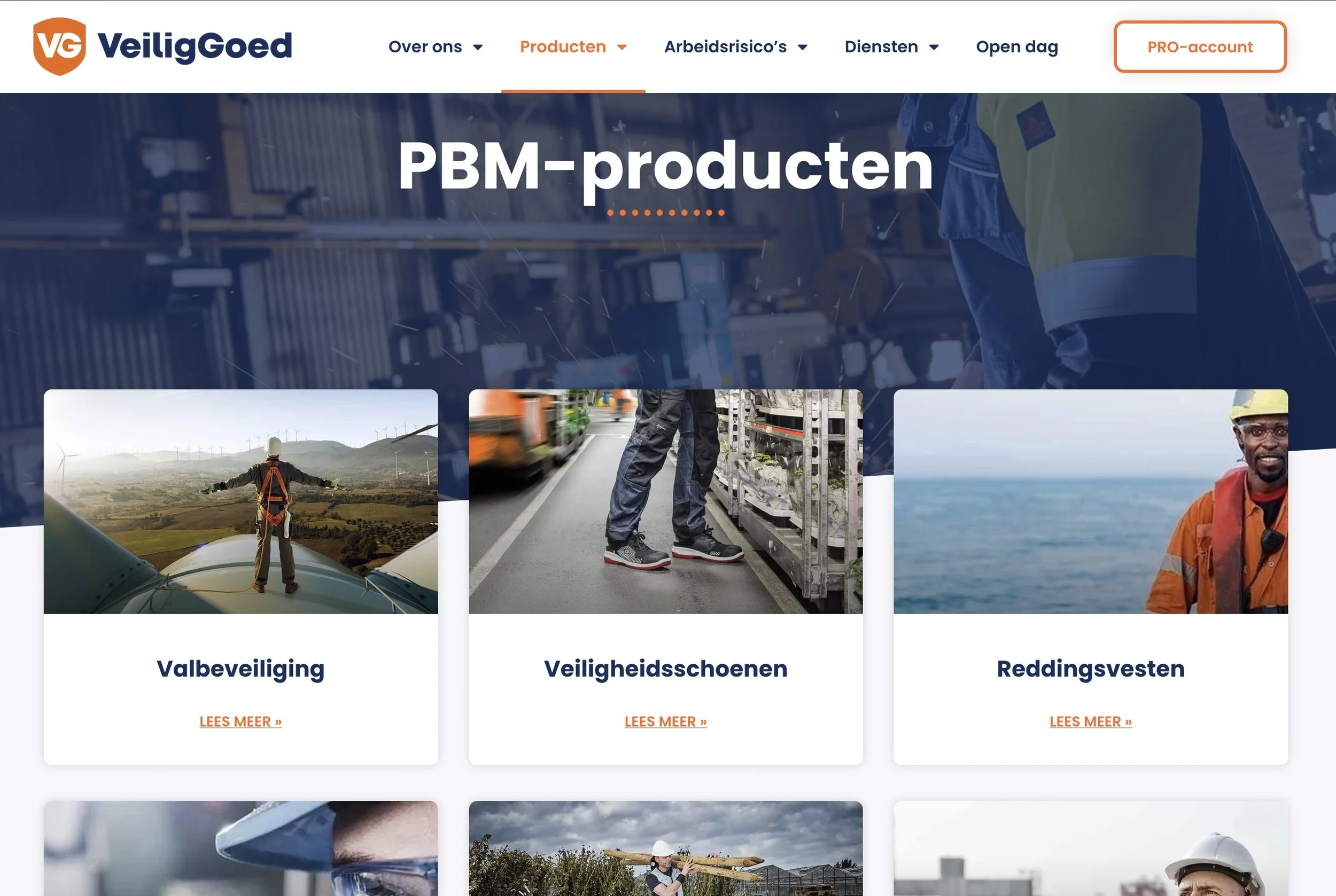 Screenshot of VeiligGoed website showing sections on safety and rescue equipment, with images of workers, safety gear, and outdoor scenes.