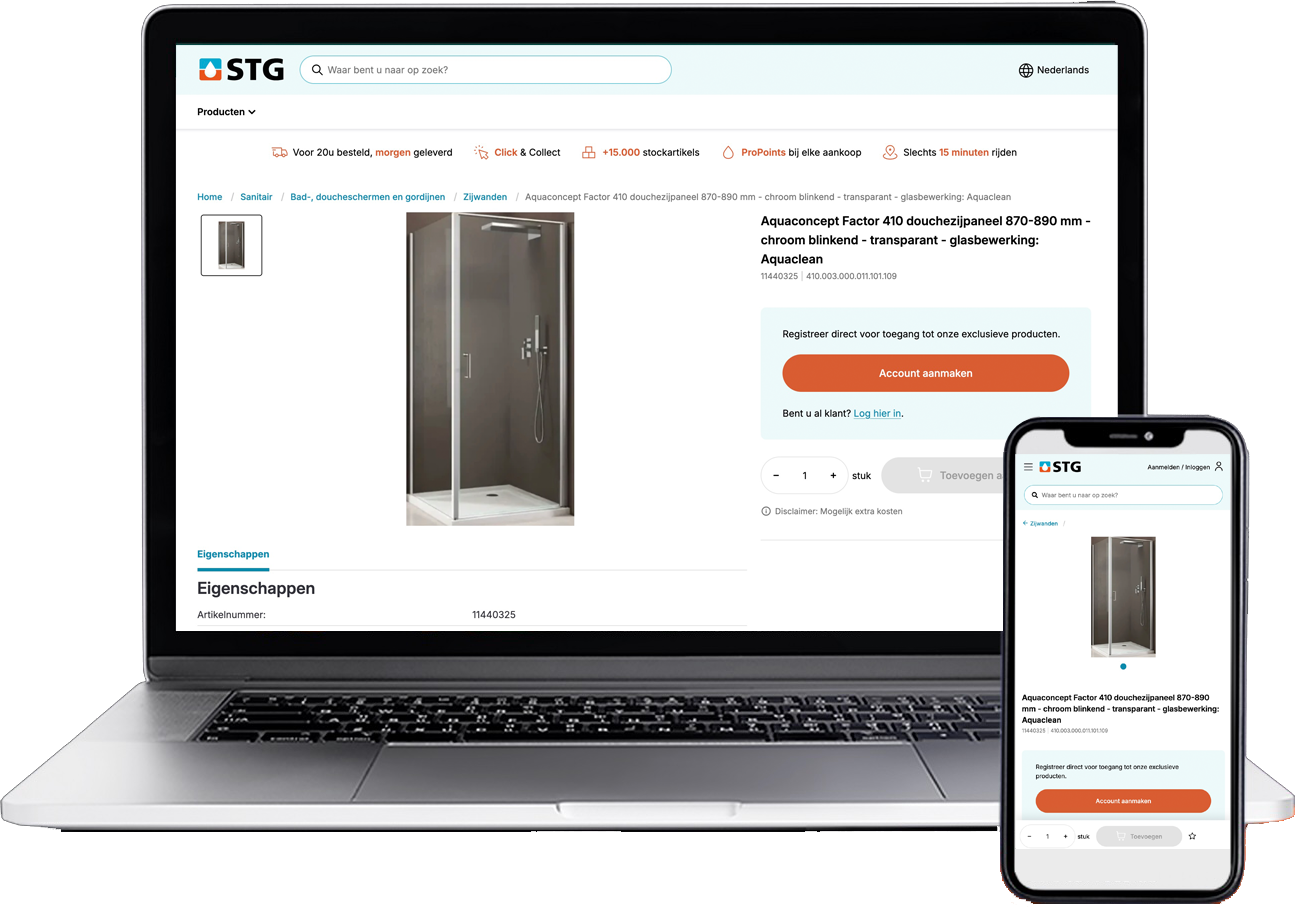 Laptop and smartphone displaying a website for a shower enclosure product, with a picture of a glass shower with a sliding door, on a dark background.