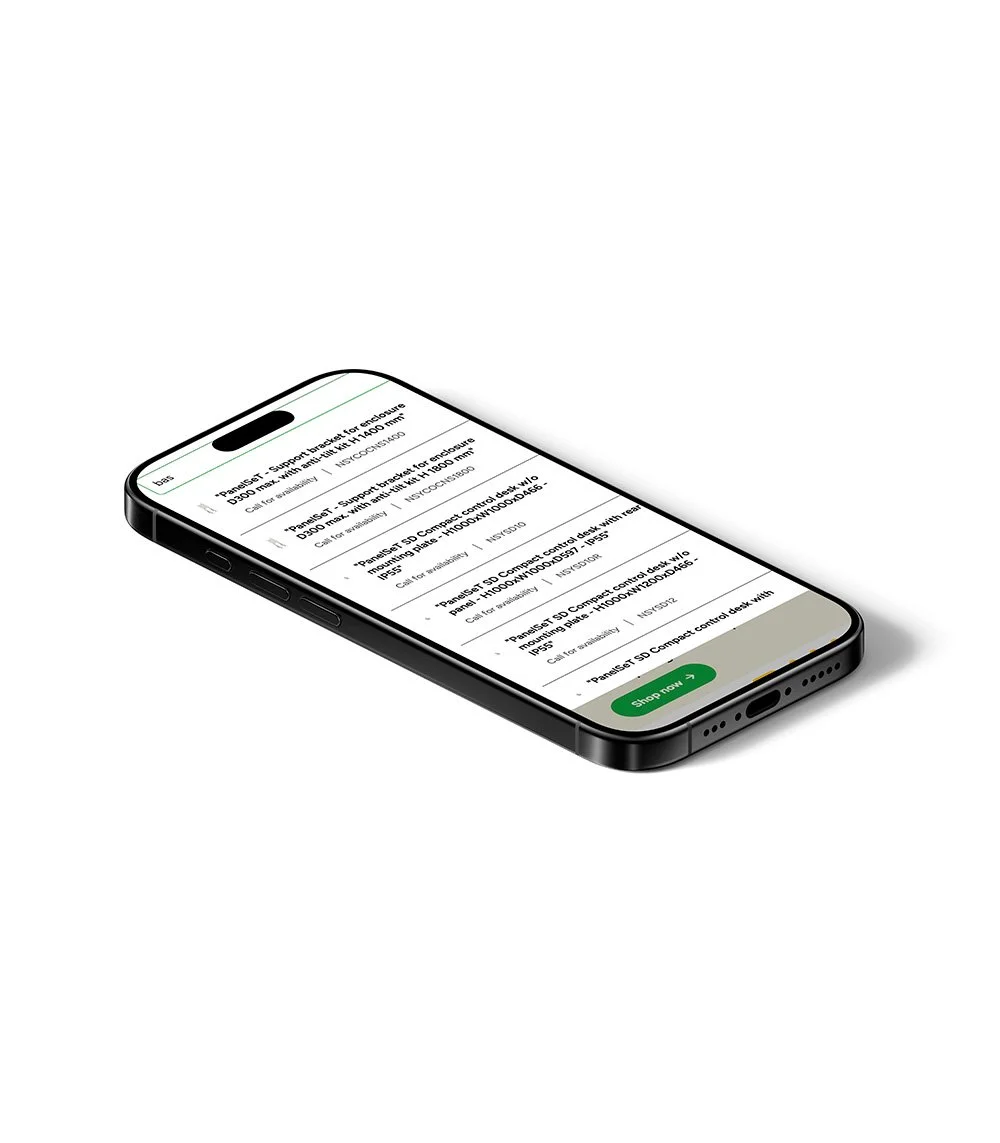 Smartphone displaying a list of electronic component items with a green 'Shop now' button at the bottom.