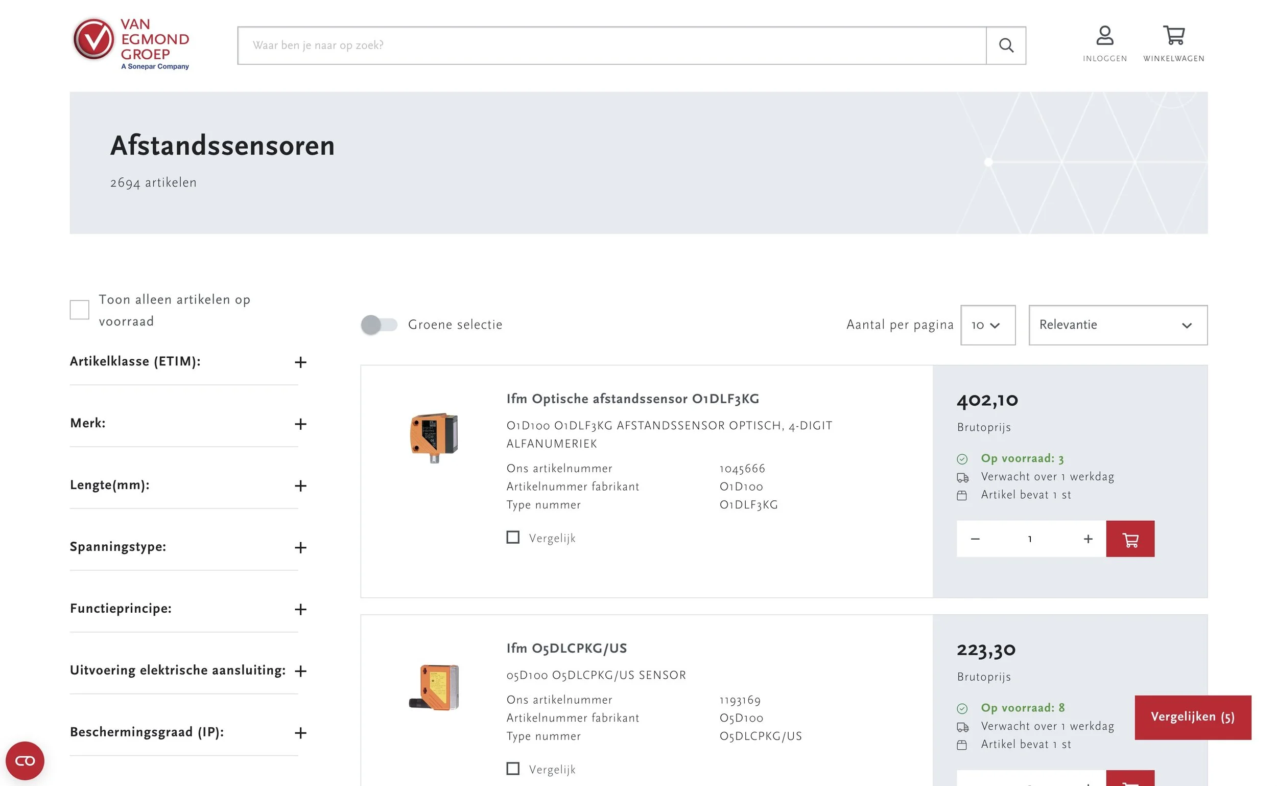 Screenshot of an online product catalog page for remote sensors, showing details and prices, with a search bar and navigation options at the top.