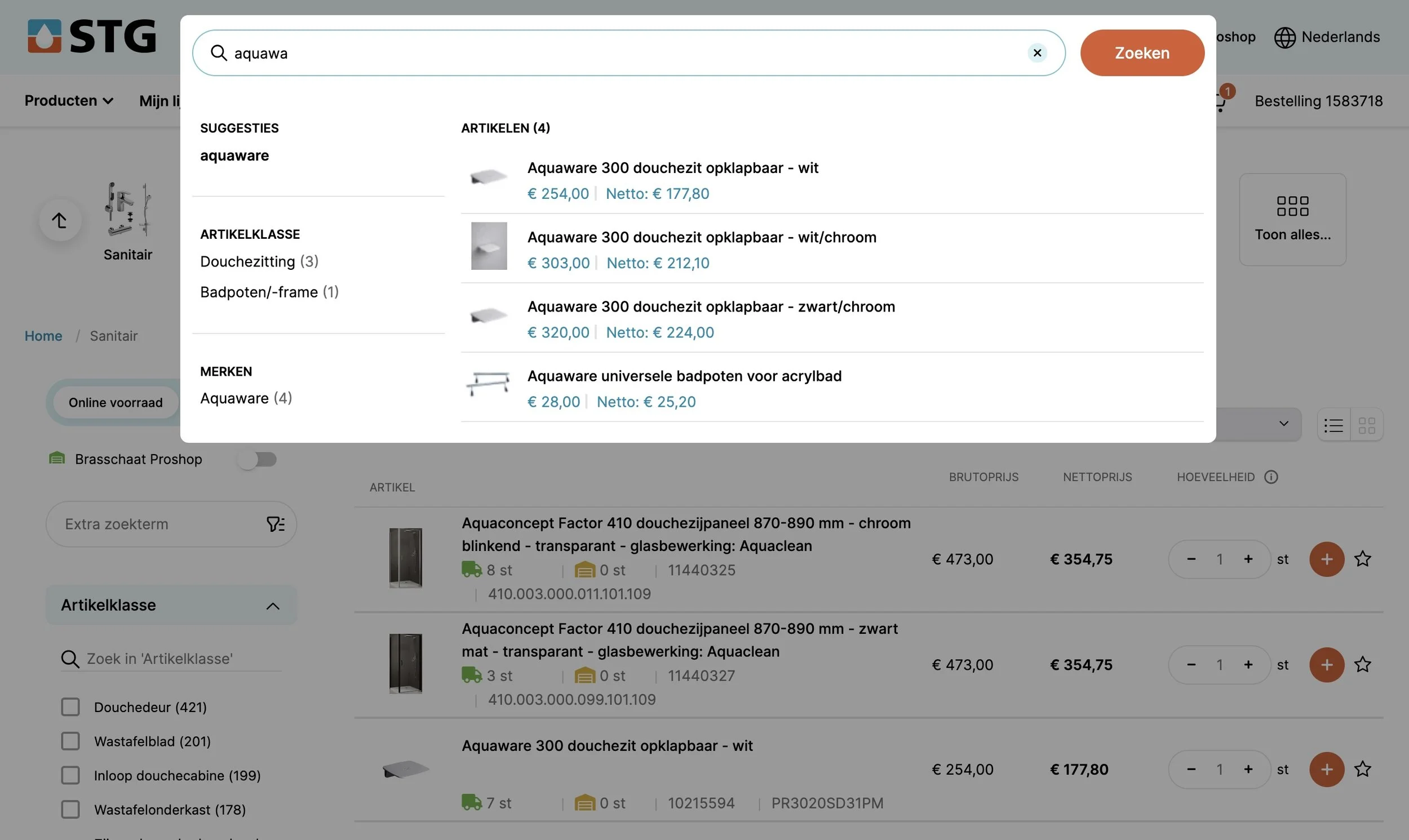 Screenshot of an online store page showing search results for 'aquawa' including shower trays and related bathroom products, with prices in euros.