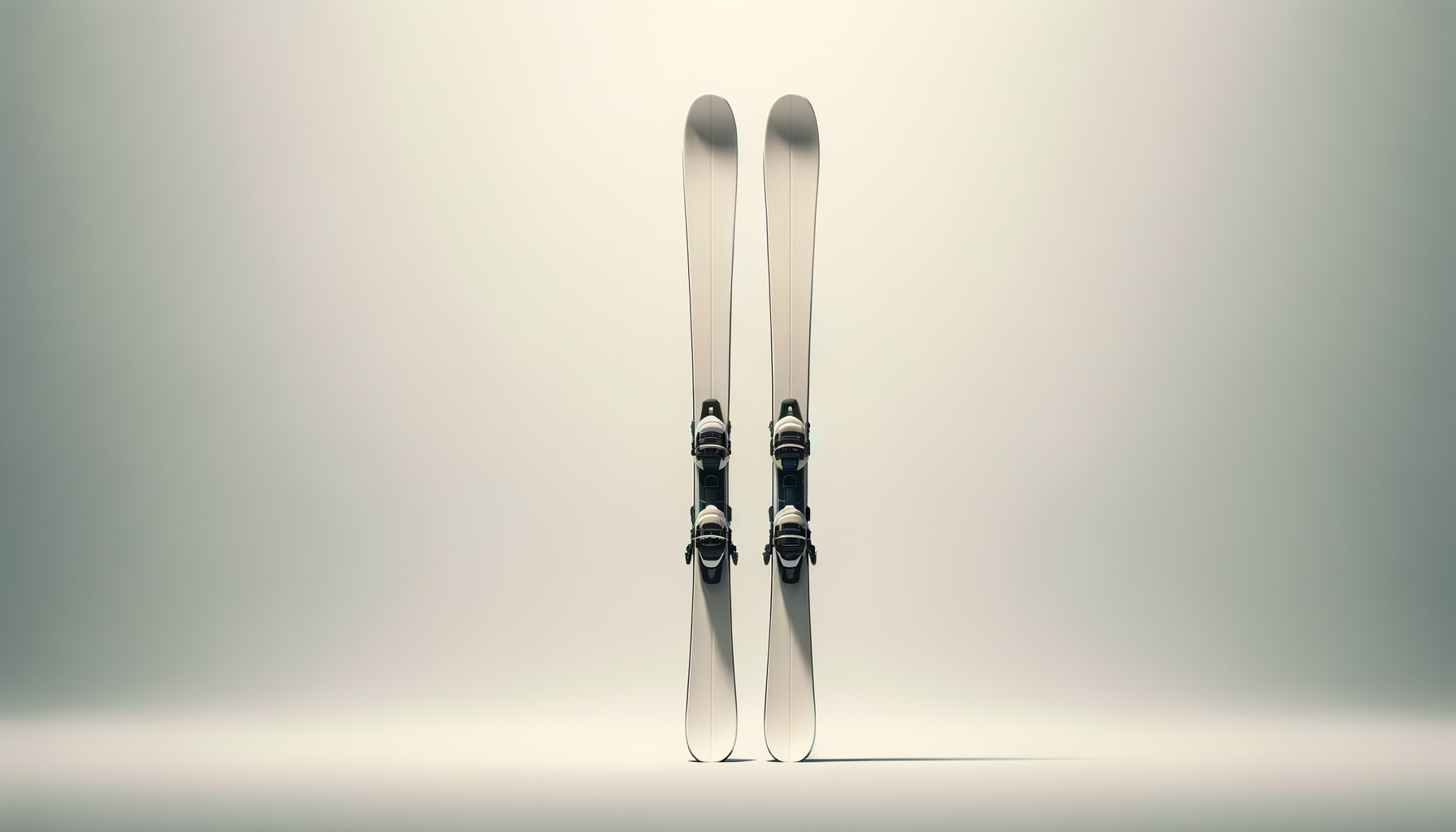 A pair of skis with ski bindings, standing upright in the center against a plain, light-colored background.
