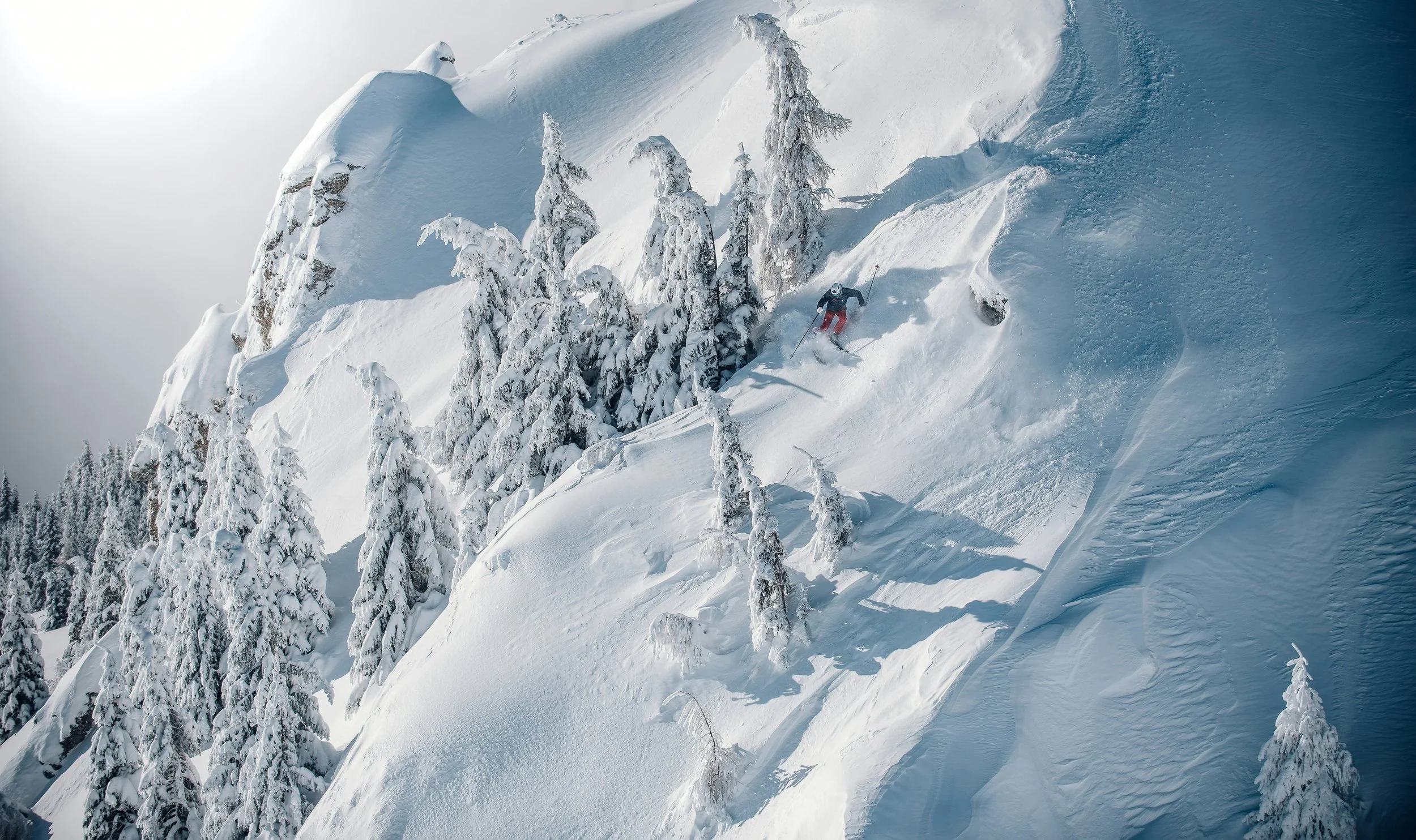 A skier in a black jacket and red pants skiing down a steep snow-covered mountain slope with snow-laden trees and rugged cliffs in the background.