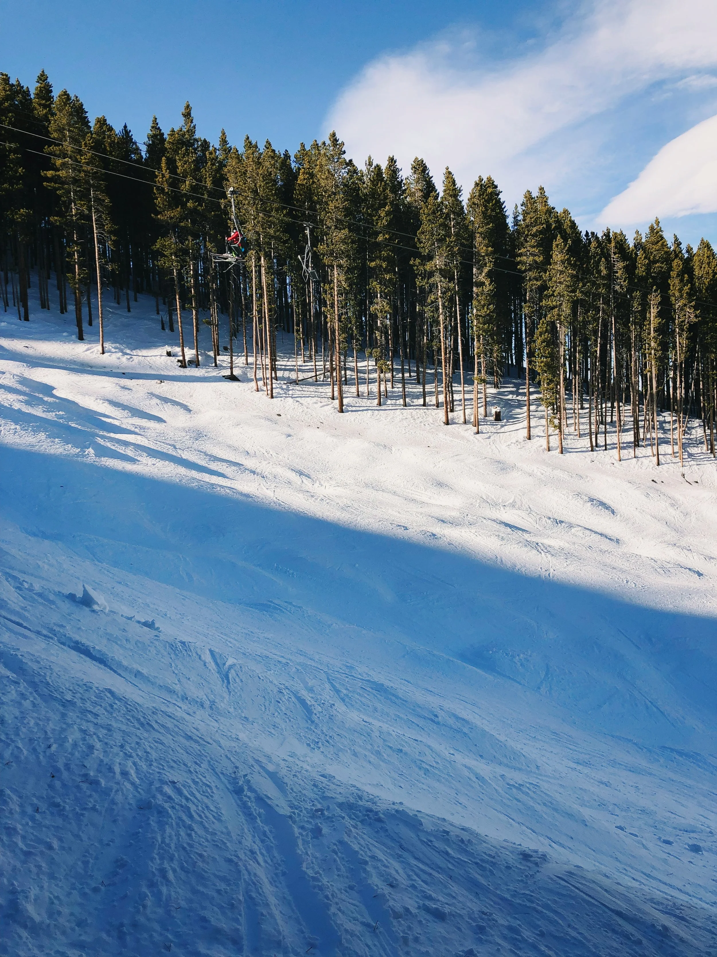 Snow-covered mountain slope with ski tracks, and a ski lift ascending into a forest of tall pine trees under a partly cloudy sky.