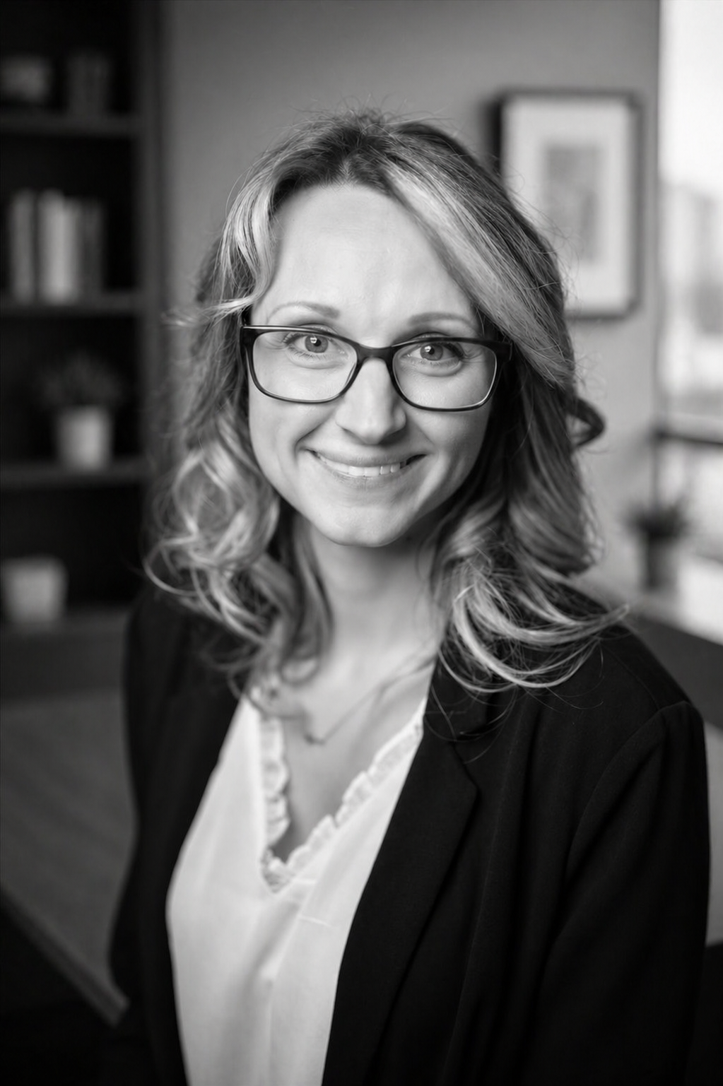 A black and white portrait of a smiling woman with wavy hair, wearing glasses, a white blouse, and a dark blazer, sitting in an indoor space with bookshelves in the background.