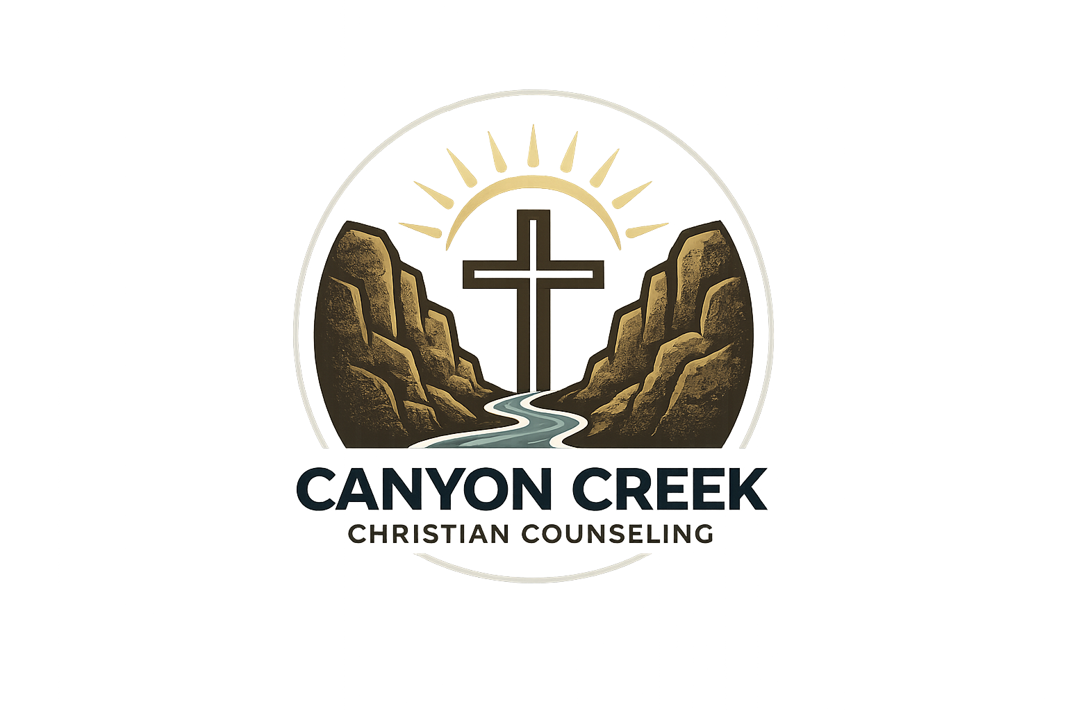 Logo for Canyon Creek Christian Counseling featuring a cross, mountain rocks, a river, a sunrise, and the words 'Canyon Creek Christian Counseling'.