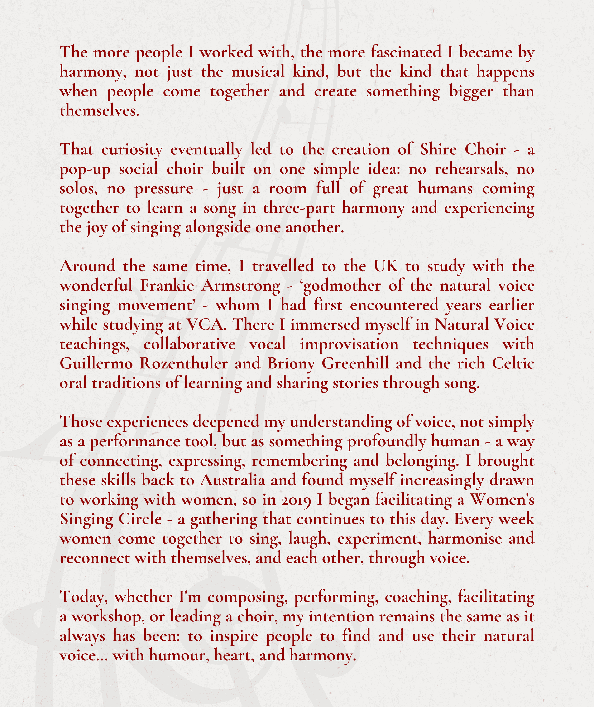 A close-up view of a page of printed text in red font on a light background, discussing the author's involvement with music, community, and personal growth.