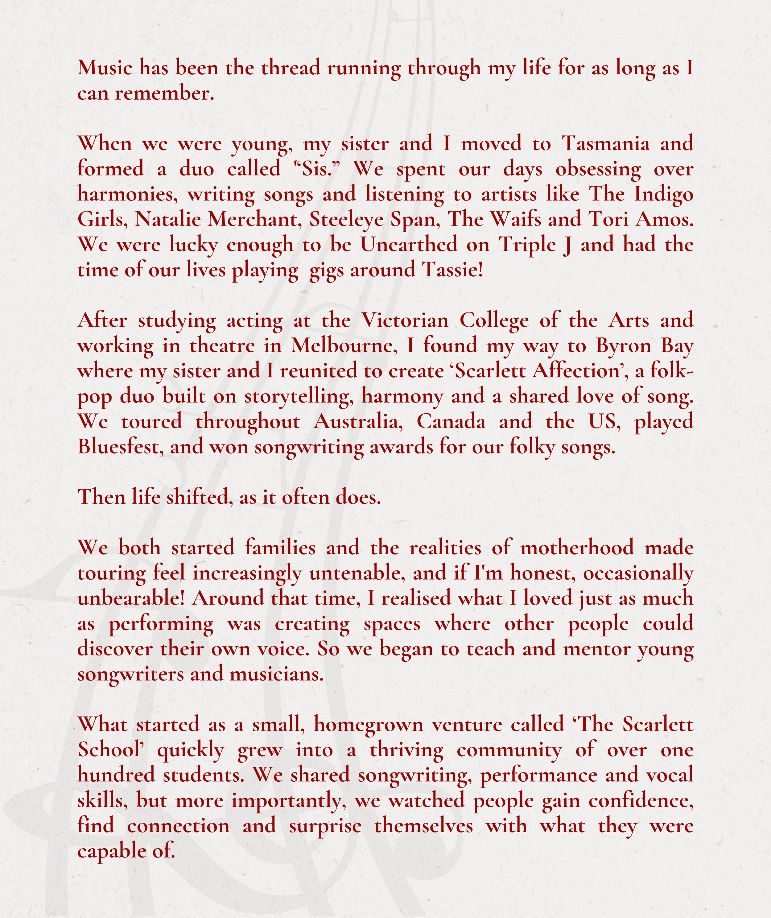 Text excerpt about music, childhood, and a duo called 'Sis,' mentioning artists like The Indigo Girls, Natalie Merchant, and others, discussing their journey in music and community involvement.