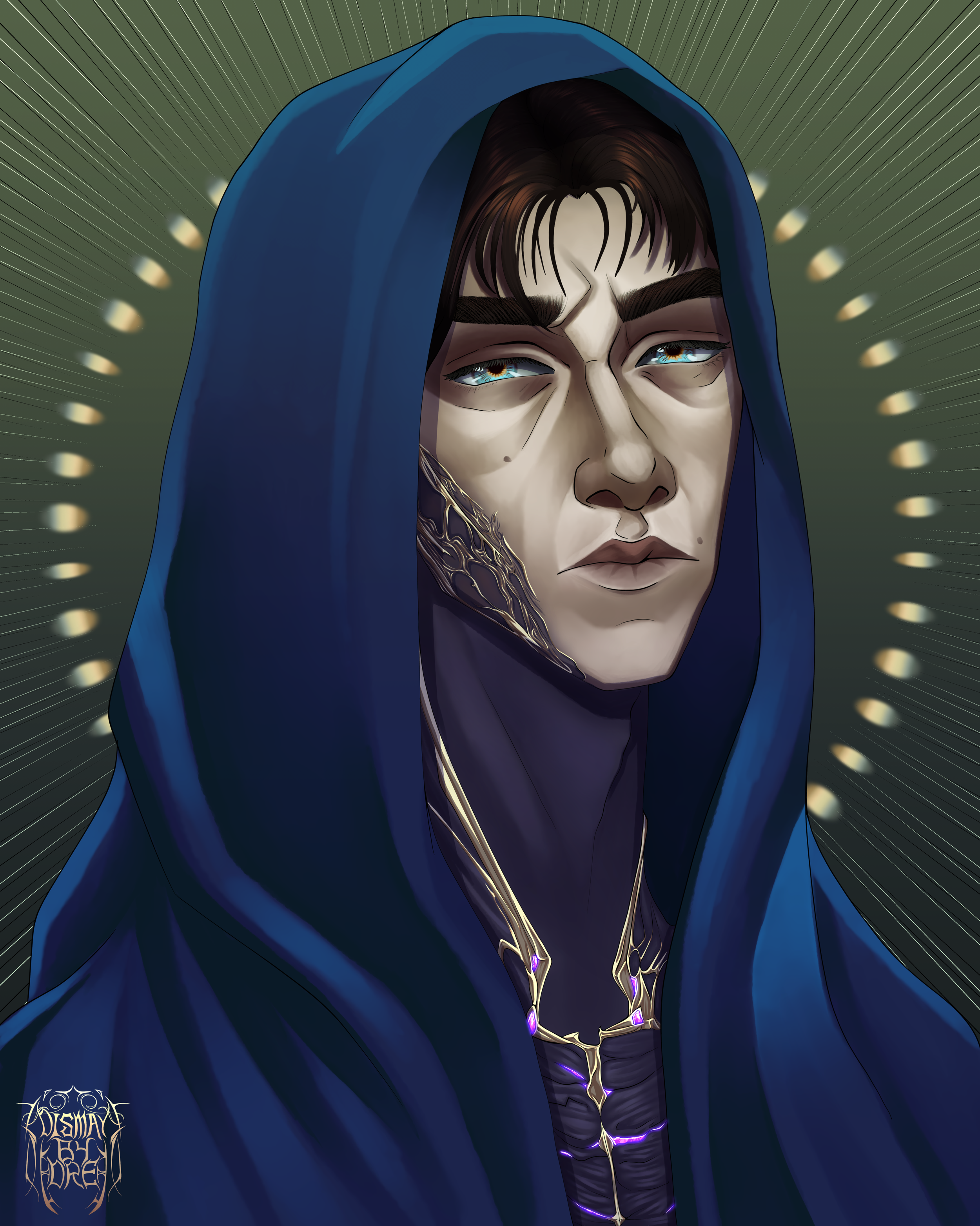Fanart of Viktor from Arcane and League of Legends, wearing a blue robe in an evangelic posing. Drawn by Dismay_by_Dre.