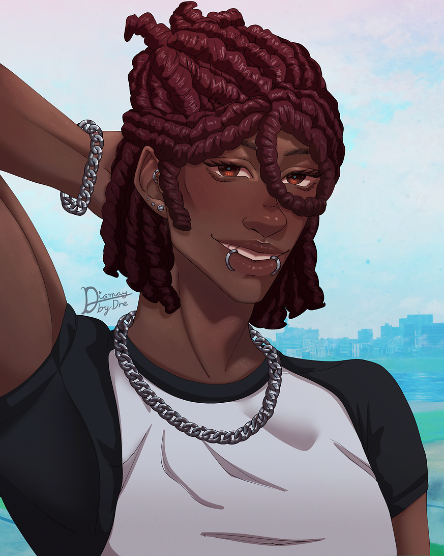 A man, Adonis, in a relaxed pose outside. Drawn by Dismay_by_Dre.