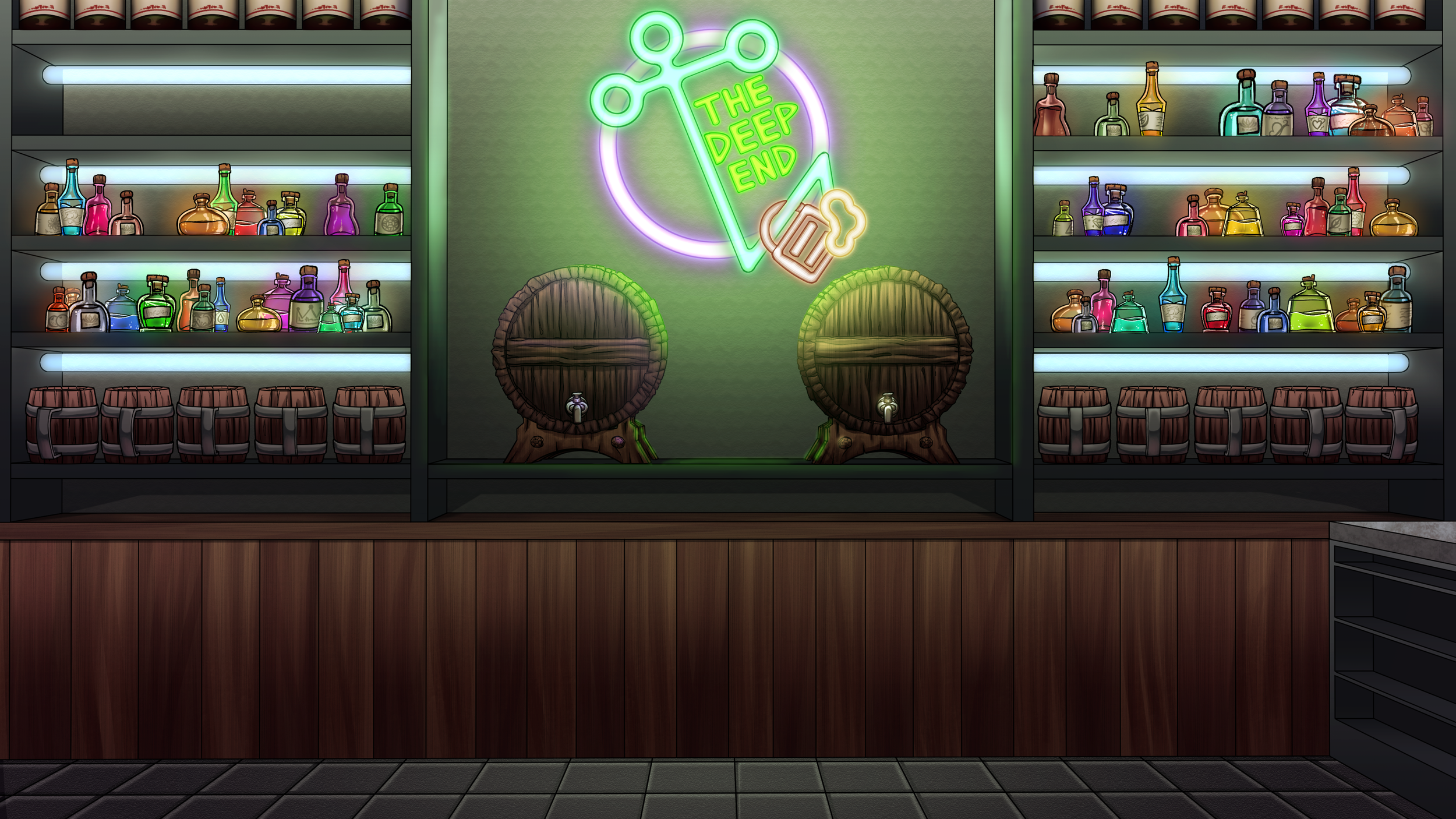 Commissioned piece by Sharkabbit, a rustic neon tavern. Drawn by Dismay_by_Dre.