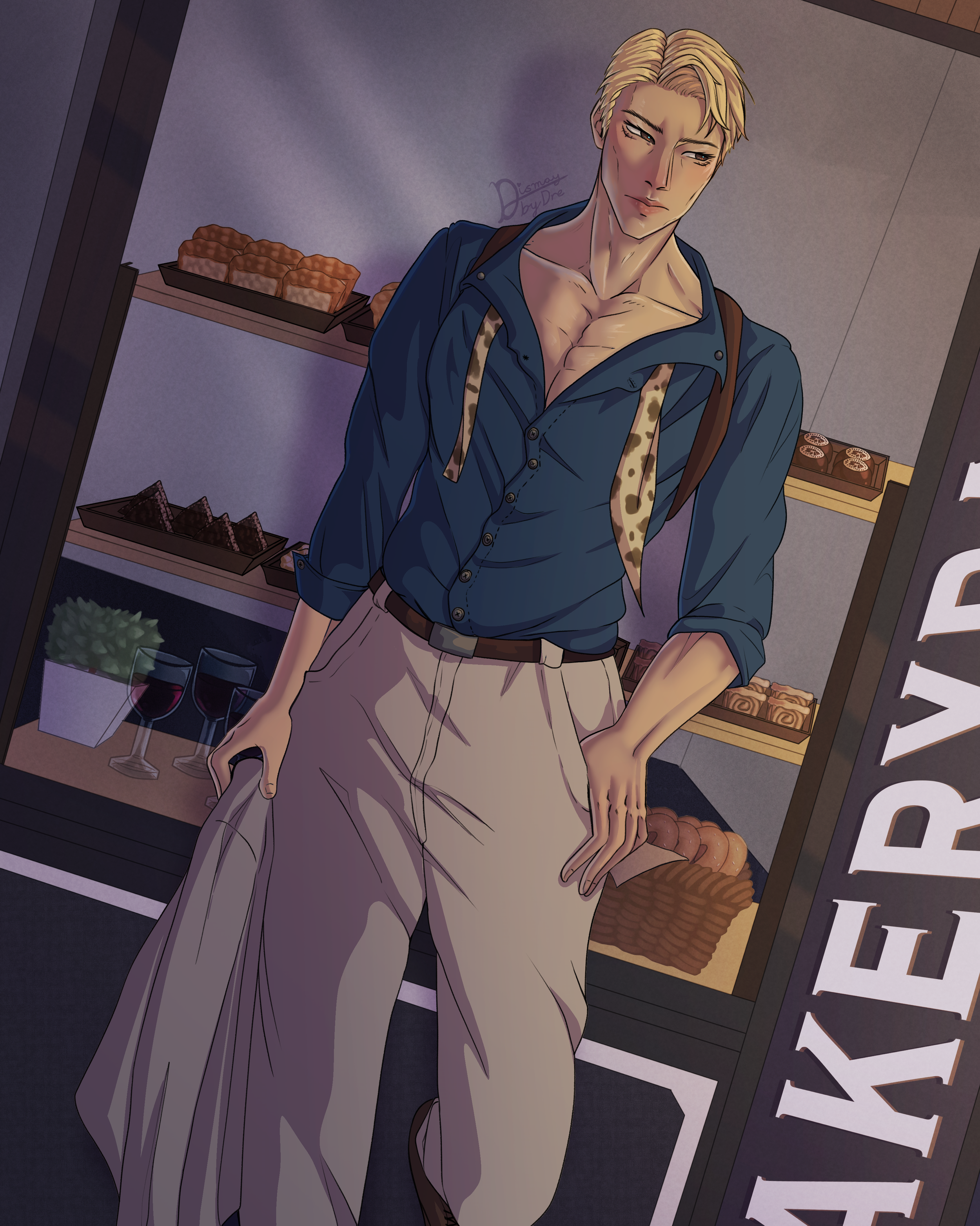 Fanart of Nanami from Jujutsu Kaisen, he is wearing his normal outfit but it is distressed as he is waiting outside a bakery. Drawn by Dismay_by_Dre.