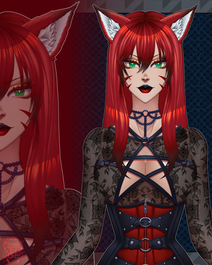Commissioned half-body Vtuber body for Nomi_isafox, a red haired fox woman wearing red and black alternative outfit. Drawn by Dismay_by_Dre.