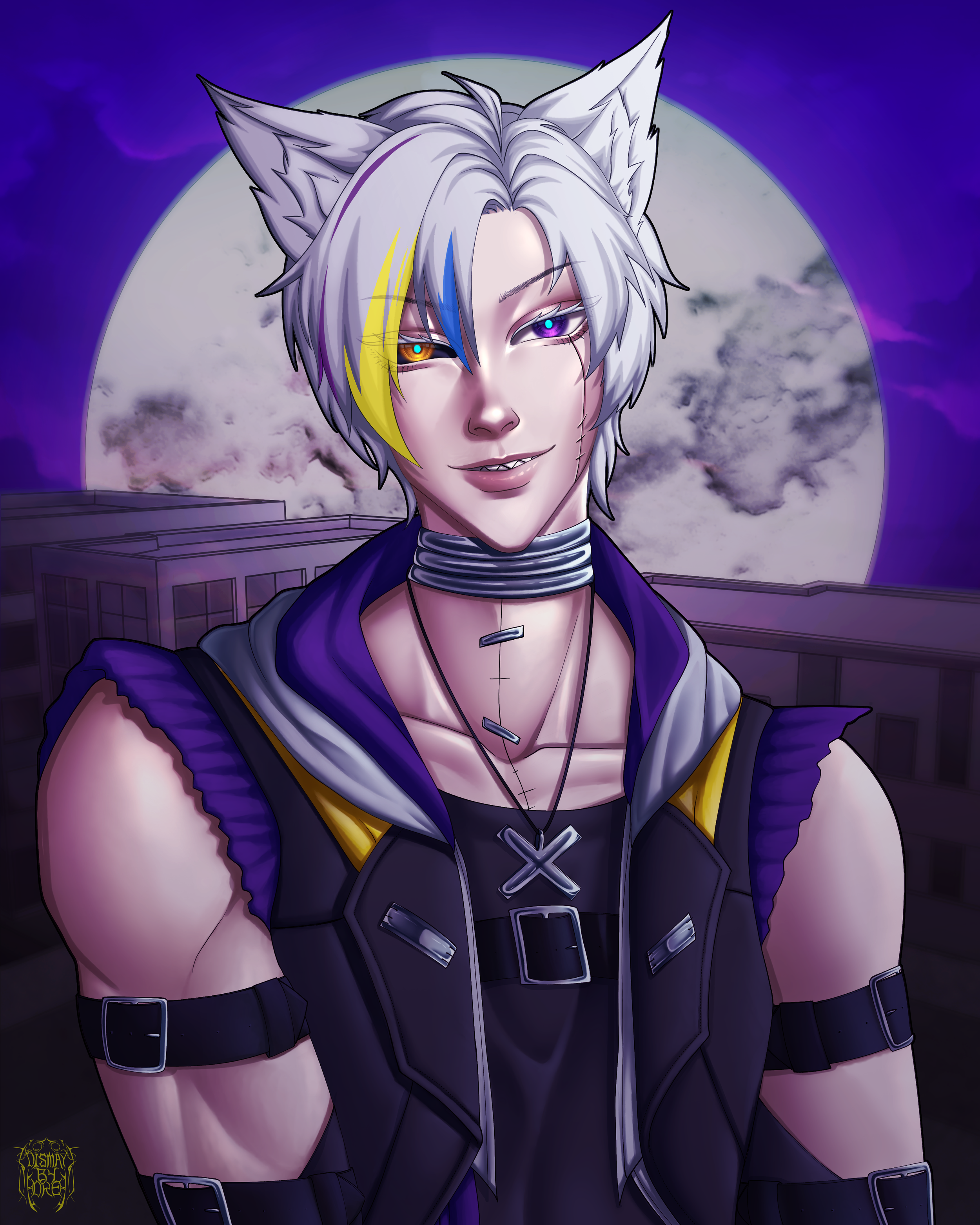 Fanart of NoriGoriVT, he’s outside on a building with the full moon behind him. Drawn by Dismay_by_Dre.