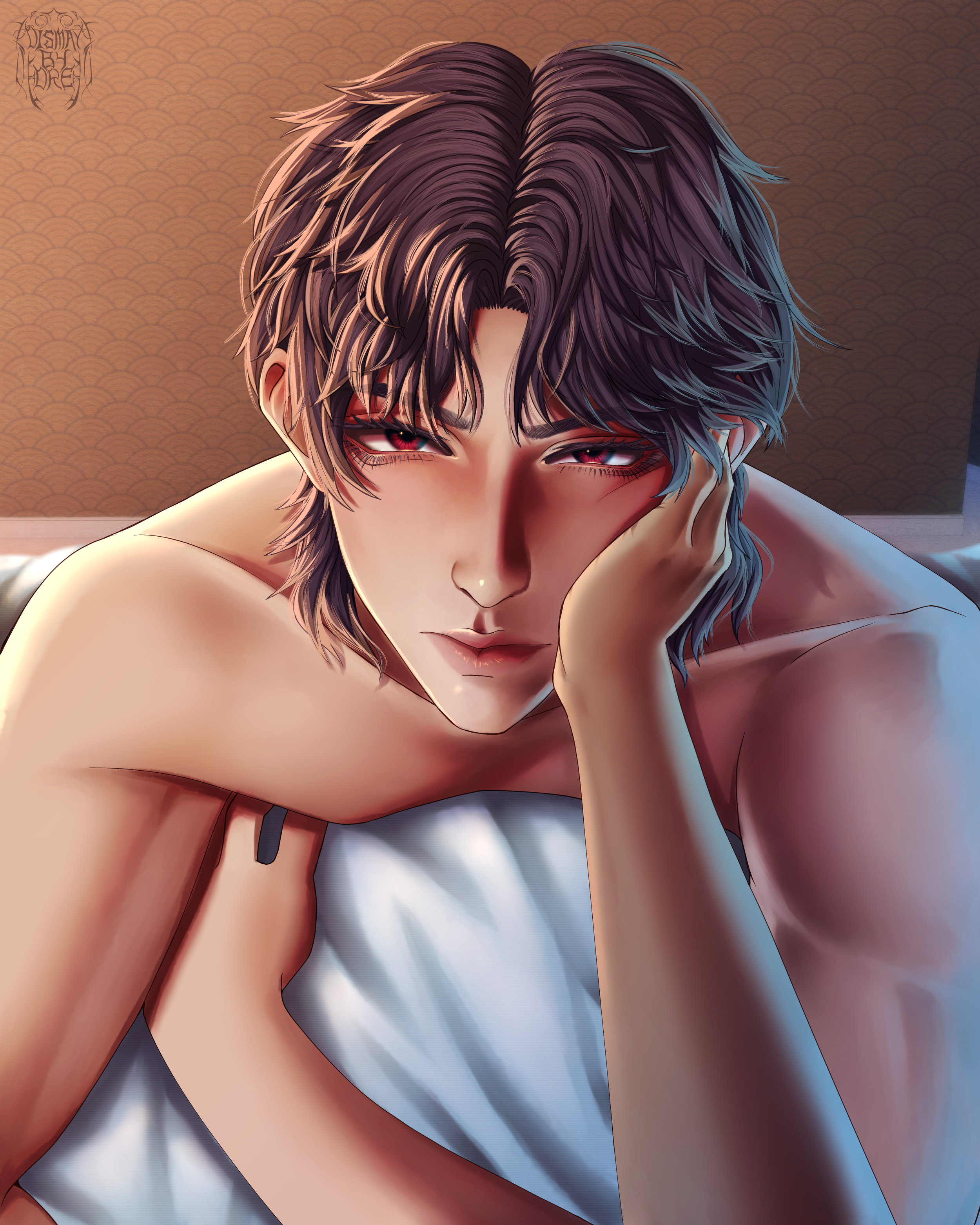 Fanart of Raphael from Love and Deepspace, he is on the edge of the bed looking long-fully at the camera. Drawn by Dismay_by_Dre.
