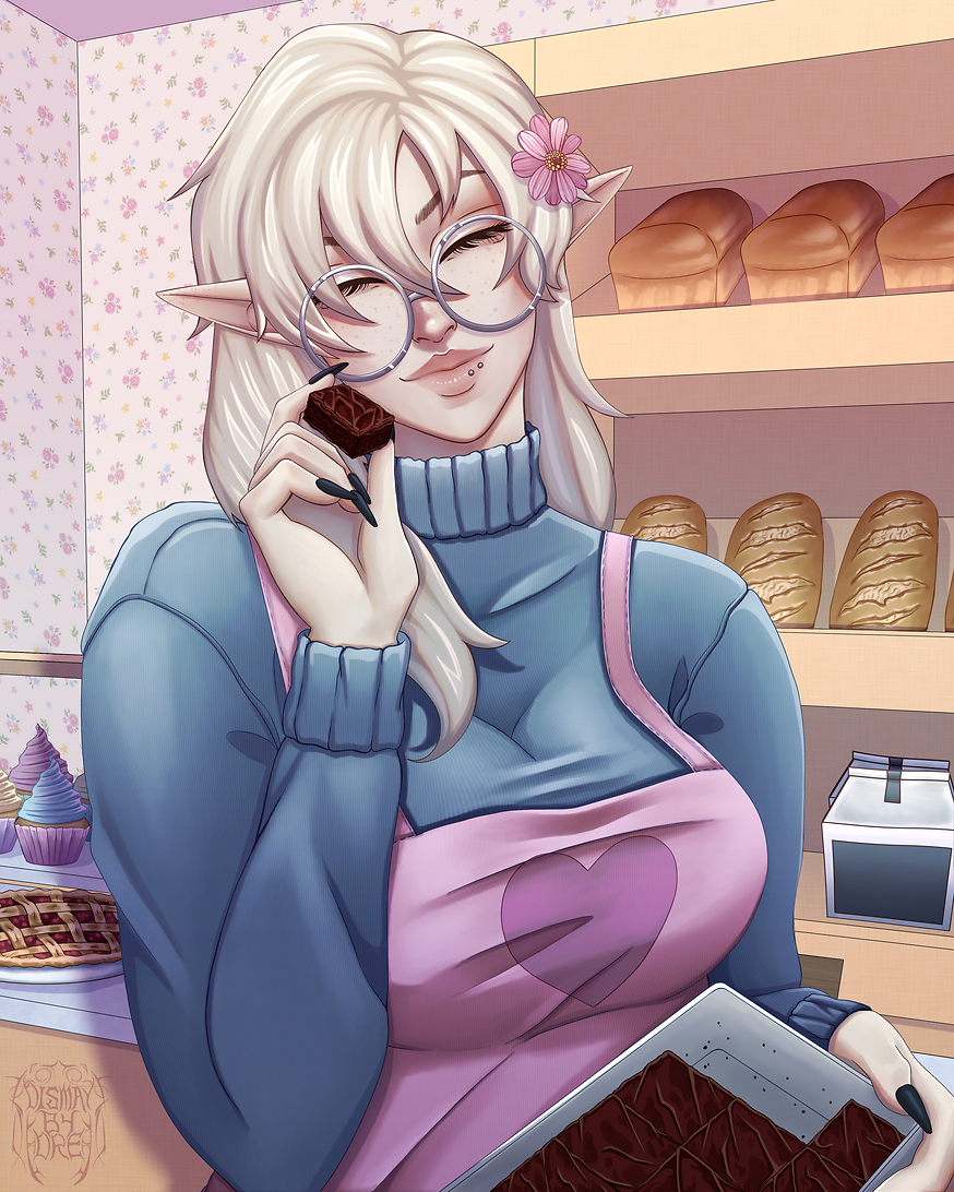 Commissioned piece from ember, a woman holding a pan of brownies. Drawn by Dismay_by_Dre.